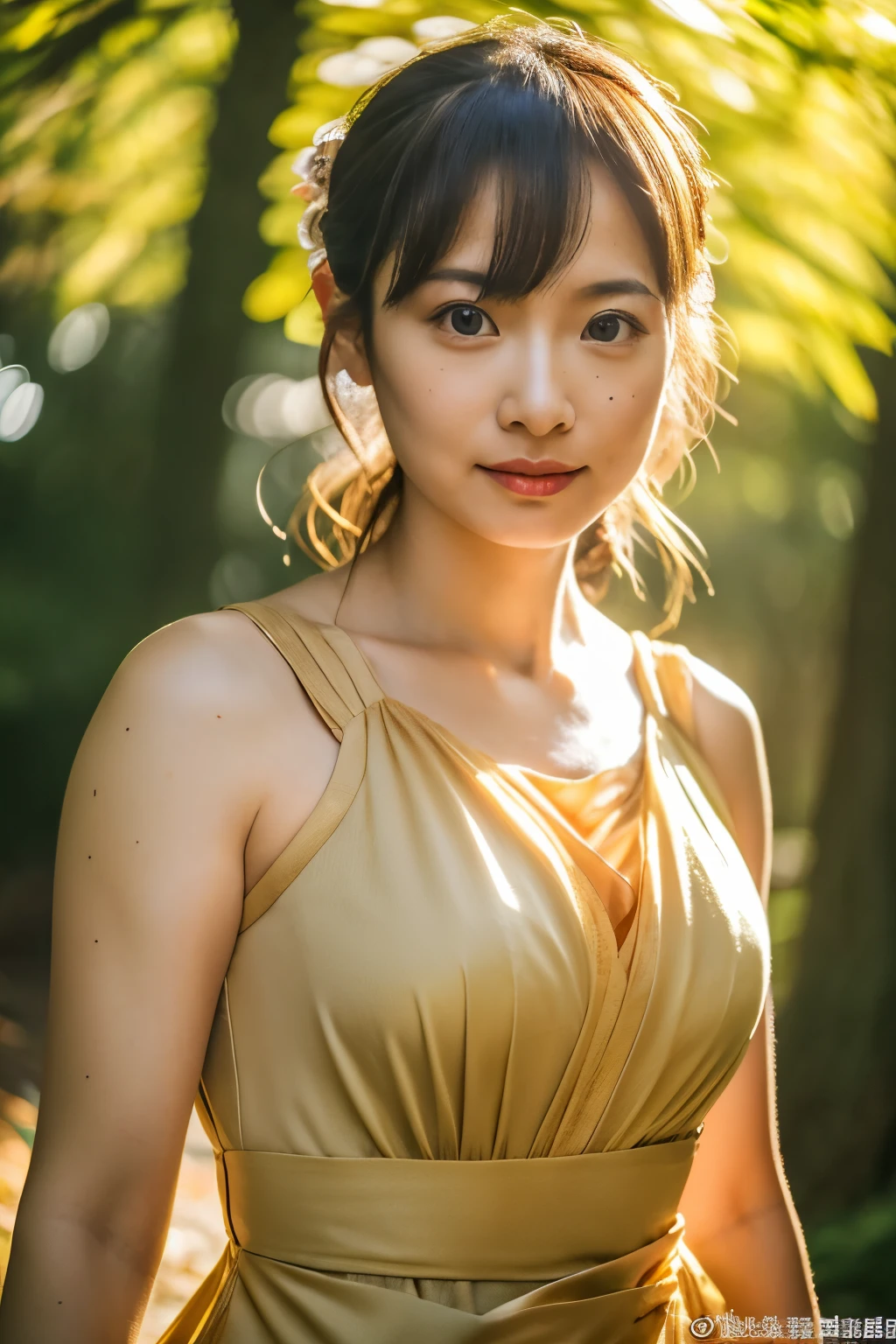 (dense woods: 1), the golden hour, Light brown eyes, 1 woman, Light clothing, (Photorealistic), (Complex Detail: 1.2), (masutepiece, :1.3), (of the highest quality: 1.4), (Ultra High Resolution: 1.2), (eye detailed ), (detailed facial features), Strong sunlight, 8K (Lens Flare: 0.7), (Lens Flare: 0.7), turned around,Feminine pose, Upper body, Tight waistline