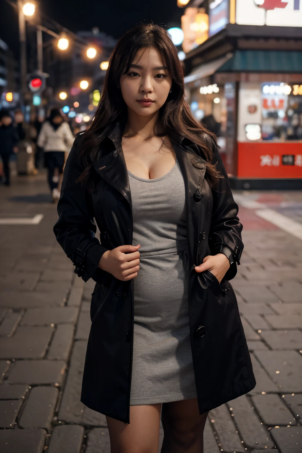 korean, MILF, curvy, trenchcoat, city, shallow depth of field, 4k, ultra high resolution, detailliert