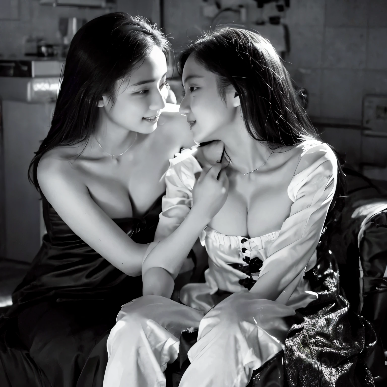 Identical twin sisters hugging,masterpiece, highest quality, Photoreal, super detailed, finely, High resolution, 8k wallpaper, Professional, High level details, ((monochrome photography)), ((facing the front)), ((vermilion lips)), detailed clavicle, perfect face, straight hair