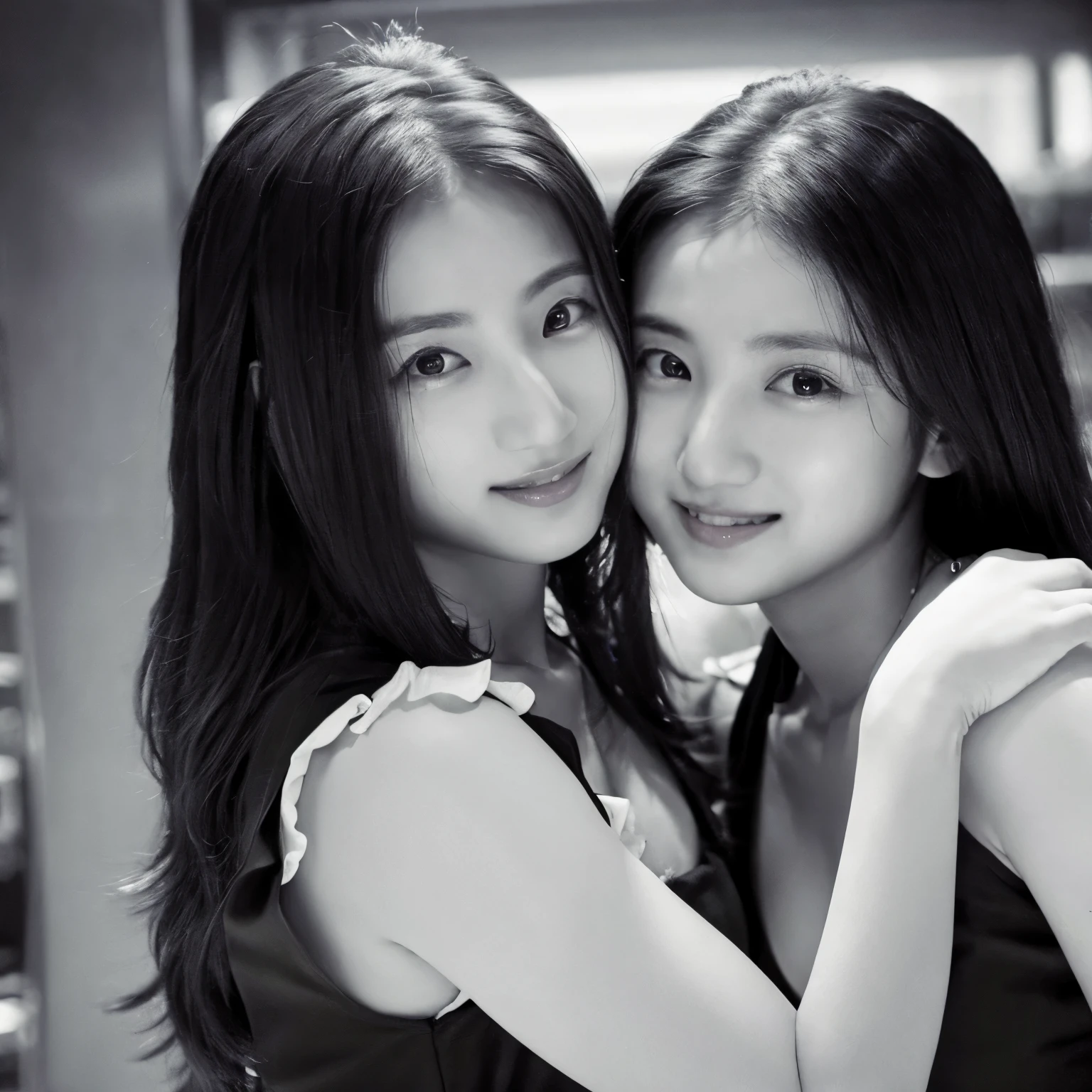 Identical twin sisters hugging,masterpiece, highest quality, Photoreal, super detailed, finely, High resolution, 8k wallpaper, Professional, High level details, ((monochrome photography)), ((facing the front)), ((vermilion lips)), detailed clavicle, perfect face, straight hair