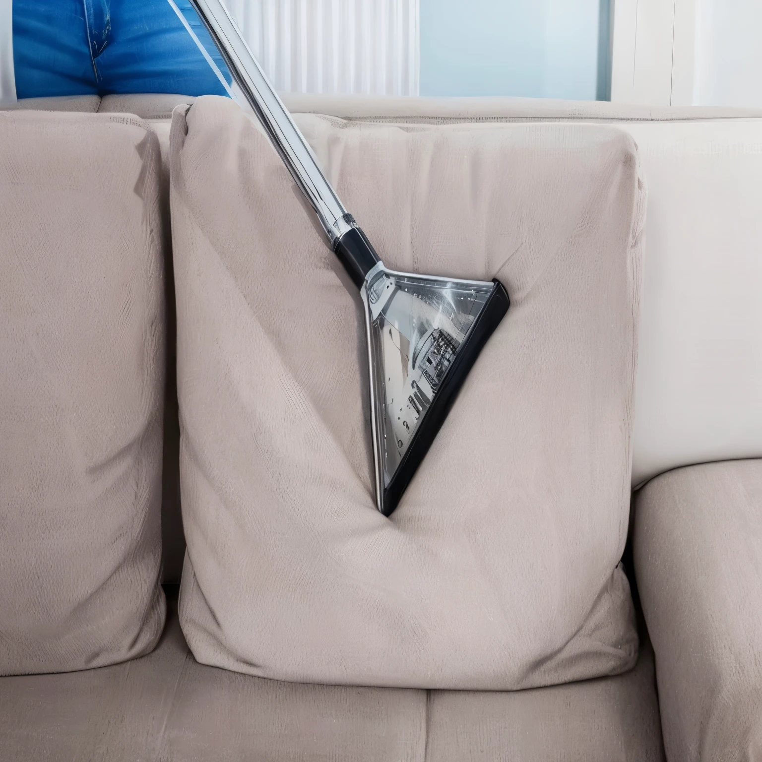 a close up of a person cleaning a couch with a vacuum, smooth and clean surfaces, vacuum, textura suave e limpa, damp dirty carpet, profissional, sofa, 3 4 5 3 1, ultra texturizado, por Jan Kupecký, 1614572159, comfortable, muito intenso, imagem mais limpa, decoration, crisp smooth lines