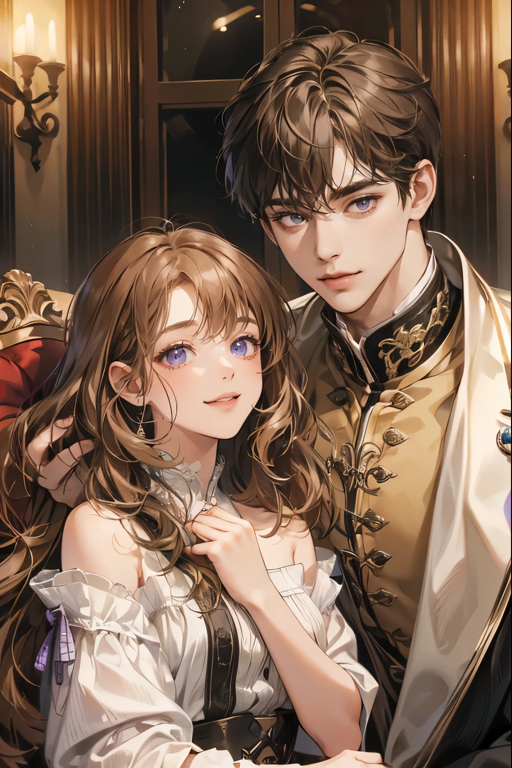 (absurdres, highres, ultra detailed), 2others,1boy with 1girl,brother and sister, mature, (Height difference1.3), smile, upper body, long wavy hair girl with bangs, wavy short hair boy and him hair over one eye, brown hair, purple eyes,at home,modern time