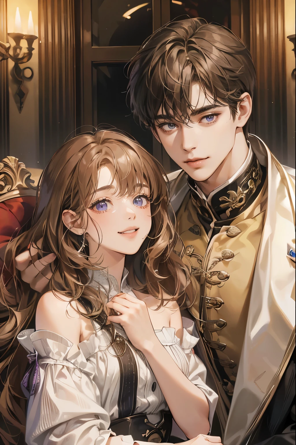 (absurdres, highres, ultra detailed), 2others,1boy with 1girl,brother and sister, mature, (Height difference1.3), smile, upper body, long wavy hair girl with bangs, wavy short hair boy and him hair over one eye, brown hair, purple eyes,at home,modern time