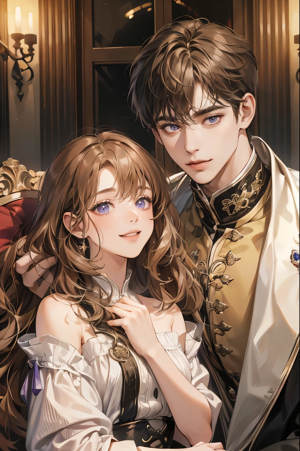 (absurdres, highres, ultra detailed), 2others,1boy with 1girl,brother and sister, mature, (Height difference1.3), smile, upper body, long wavy hair girl with bangs, wavy short hair boy and him hair over one eye, brown hair, purple eyes,at home,modern time