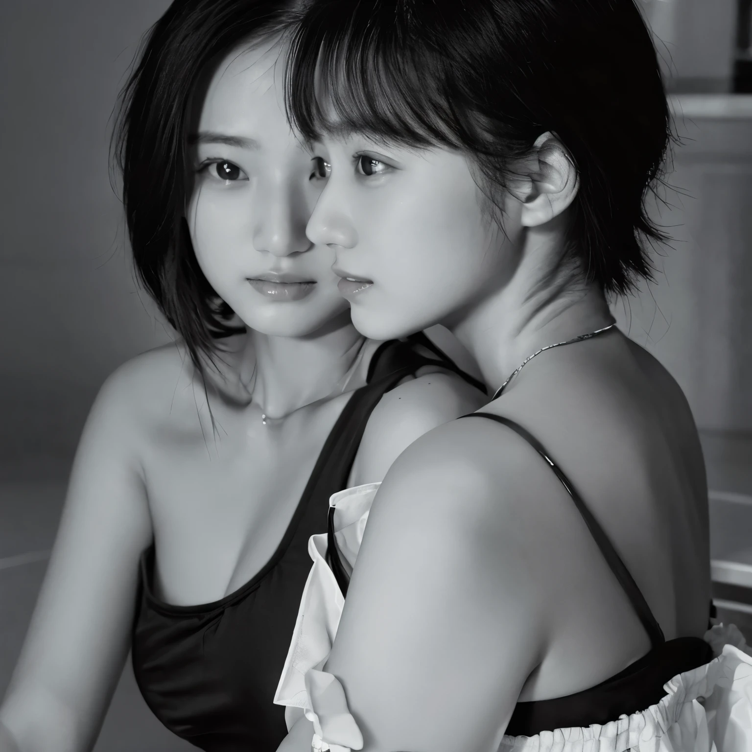 Identical twin sisters hugging,masterpiece, highest quality, Photoreal, super detailed, finely, High resolution, 8k wallpaper, Professional, High level details, ((monochrome photography)), ((facing the front)), ((vermilion lips)), detailed clavicle, perfect face, straight hair