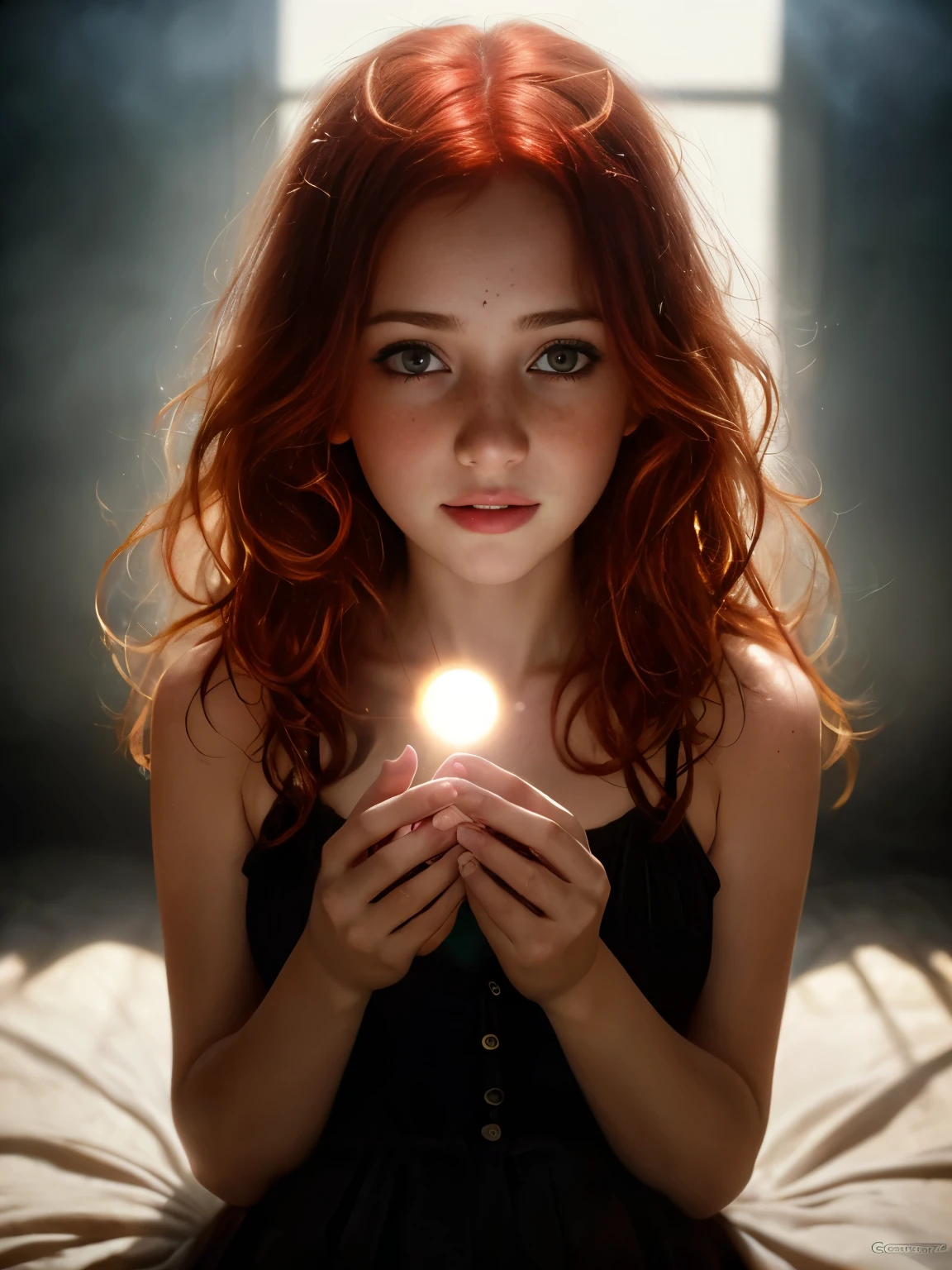 (best quality, high-quality, masterpiece:1.2, portrait, 4k full HD, full body photo) of (woman girl), (redhead girl, pale skin, freckles, long hair, light smile, blushing), (beautiful girl:1.2, cute face), (most detailed photography, HD wallpaper), (ecstasy of light and shadow, volumetric light and shadows:1.2), (contest winner photo by lee jeffries, Greg Rutkowski and Magali Villanueva)