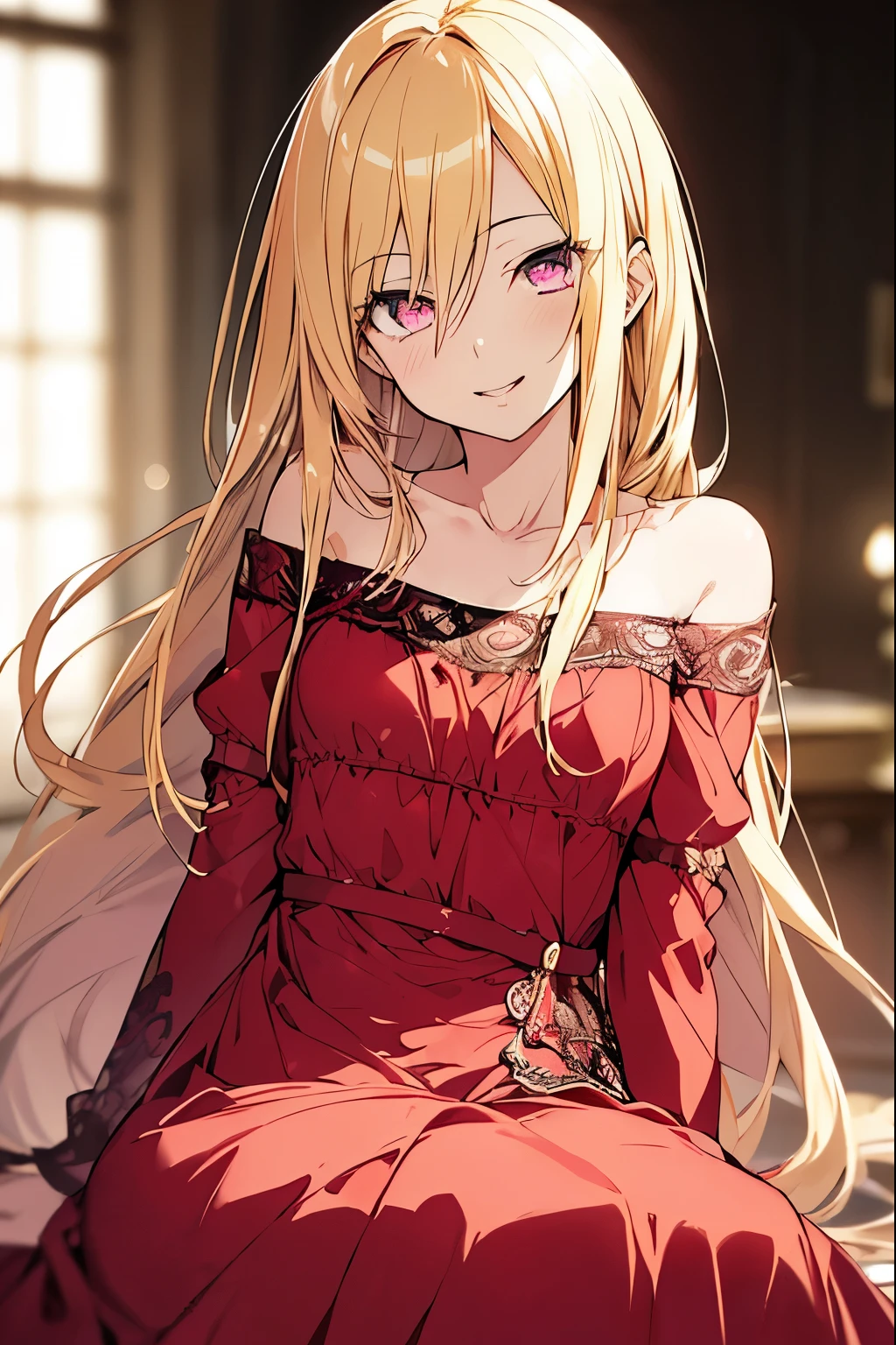 anime style, movieポートレート写真, 1 female, 30 years old, Full body Esbian, small and meager chest, bright yellow hair, long hair, red eyes, wearing a pink dress, (natural skin texture vivid details, surreal, (realistic detailed eyes, natural skin texture, realistic facial details), soft and dramatic lighting, written boundary depth, Bokeh, vivid details, surreal, 35mm movie, hazy blur, movie,smile、squint your eyes、pretend to be asleep、the corners of the mouth rise