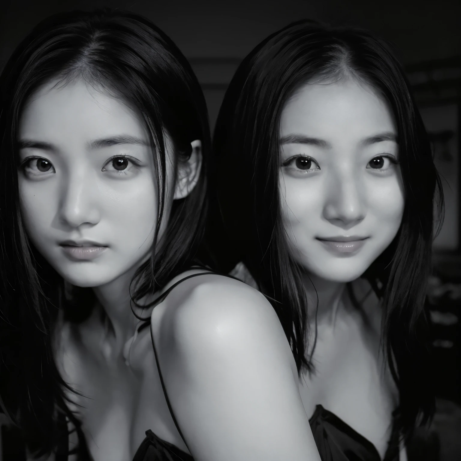 Identical twin sisters hugging,masterpiece, highest quality, Photoreal, super detailed, finely, High resolution, 8k wallpaper, Professional, High level details, ((monochrome photography)), ((facing the front)), ((vermilion lips)), detailed clavicle, perfect face, straight hair