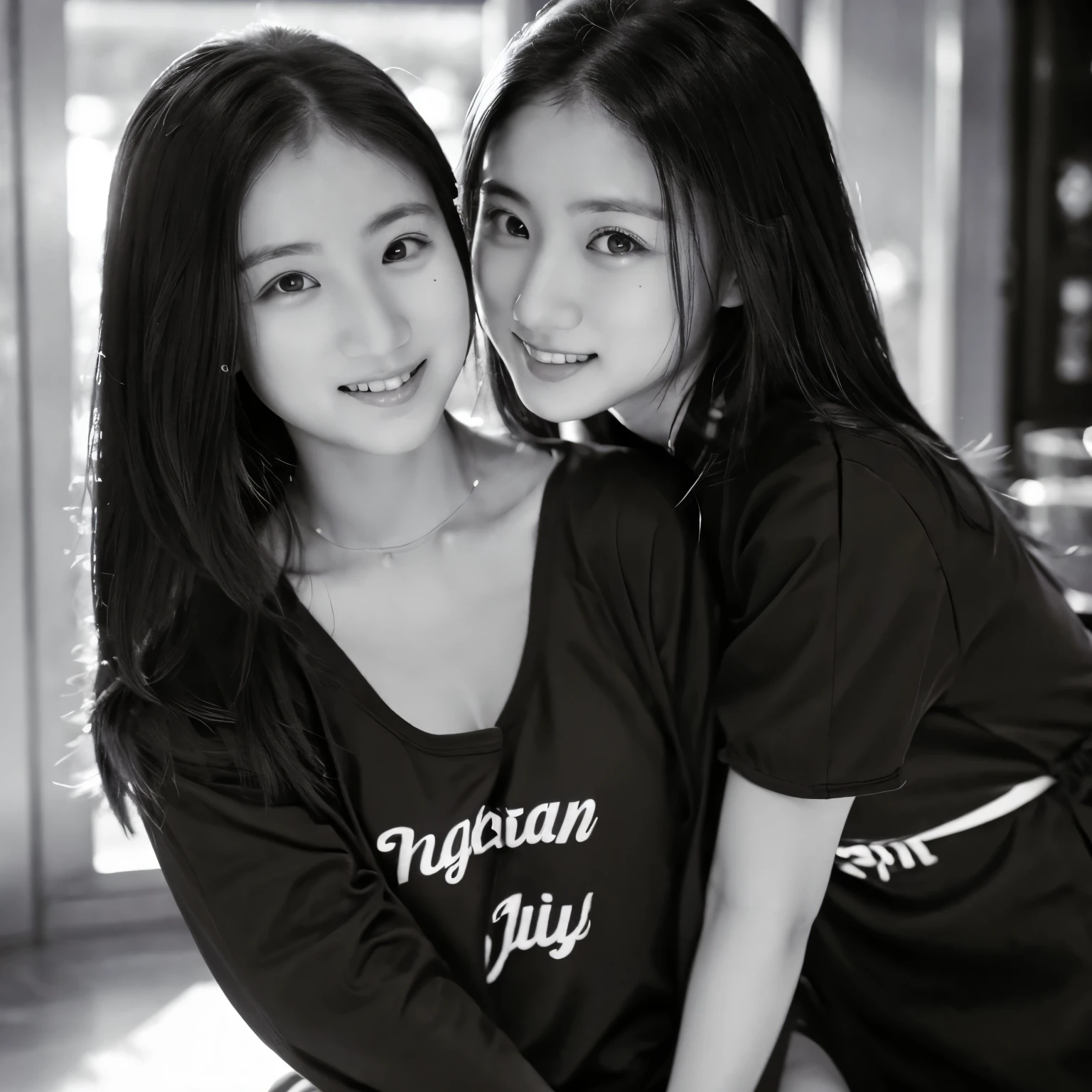 Identical twin sisters hugging,masterpiece, highest quality, Photoreal, super detailed, finely, High resolution, 8k wallpaper, Professional, High level details, ((monochrome photography)), ((facing the front)), ((vermilion lips)), detailed clavicle, perfect face, straight hair