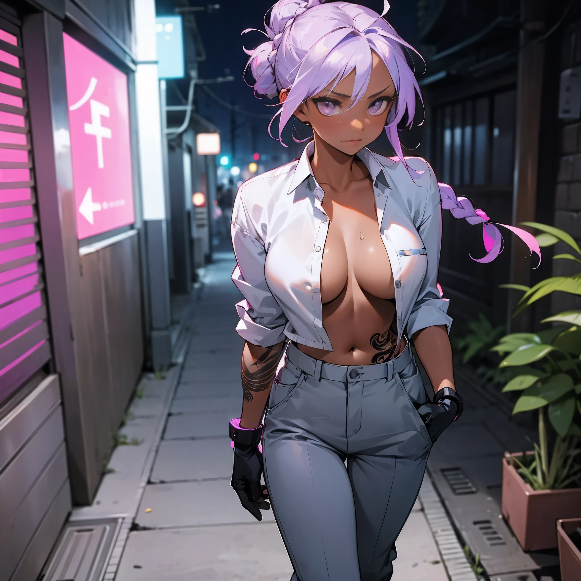 1female, adult, dark skin, big breast, sexy, tan skin, finely detailed lavender eyes, medium messy braided bun, two tone hair, seashell white and lavender ombré hair color, undercut, loose v neck button down shirt, loose baggy pants, bionic arm, gloves, hands in pockets, walking down alley, night, somber expression, tokyo, serious, tattoos