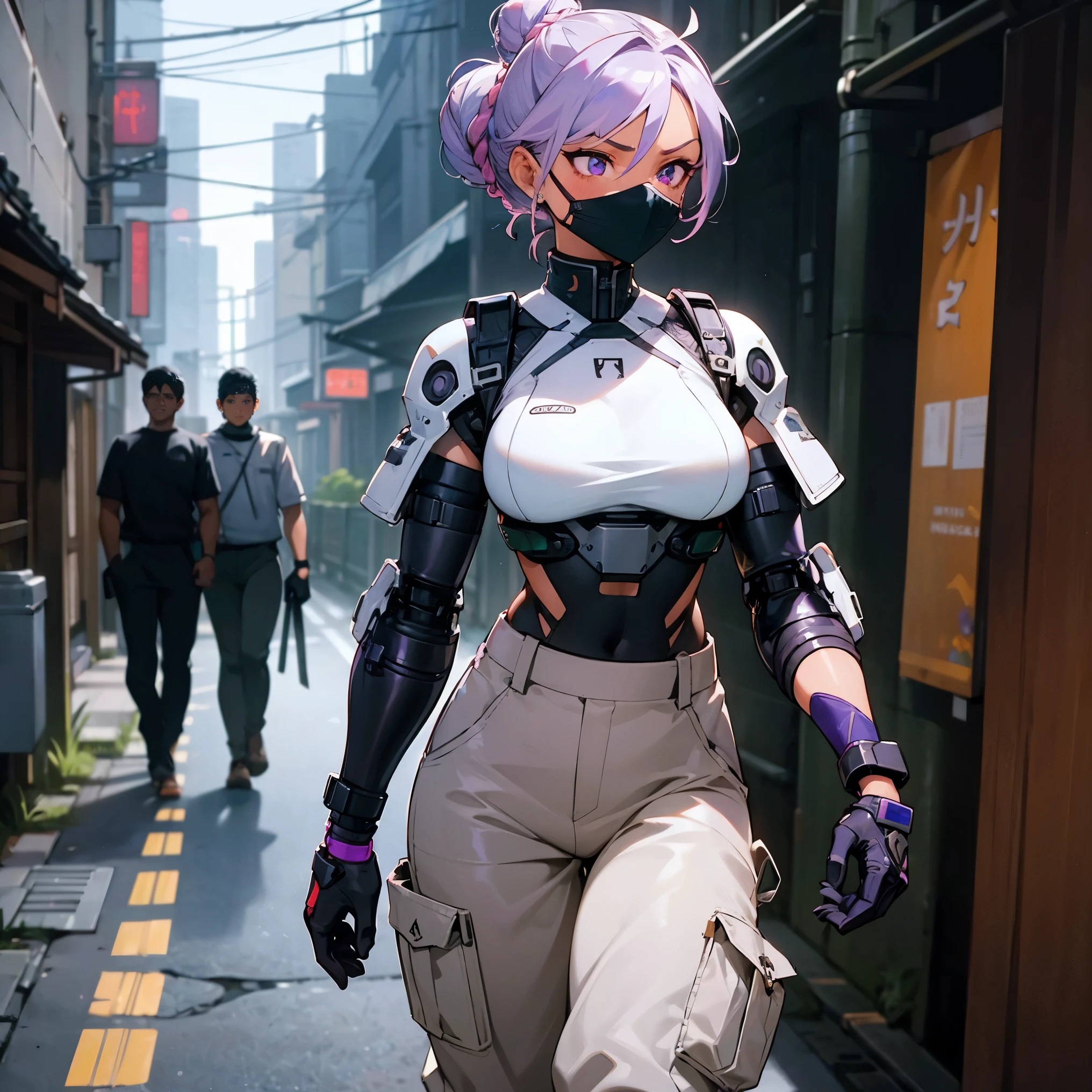 1female, adult, dark skin, big breast, sexy, tan skin, finely detailed lavender eyes, medium messy braided bun, two tone hair, seashell white and lavender ombré hair color, undercut, combat suit, neck mask, bionic arm, loose baggy cargo pants, walking down alley, night, somber expression, tokyo, serious, tattoos