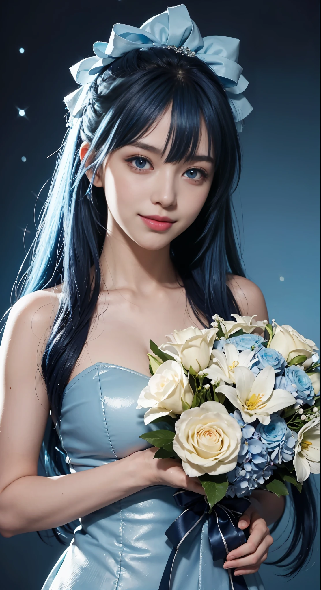 (highest quality)、BREAK,(and soul)(secondary elements)1 girl、(((blue hair)))、hair length、(blue eyes)、gradient eyes、((sparkling eyes))、bright eyes、finely tuned、expressive eyes、(smile)、white teeth、blue clothes、gem、Blue lighting、god々new background、blue theme、(shape:1.5)、abstract、Super detailed、(((have a bouquet)))、
