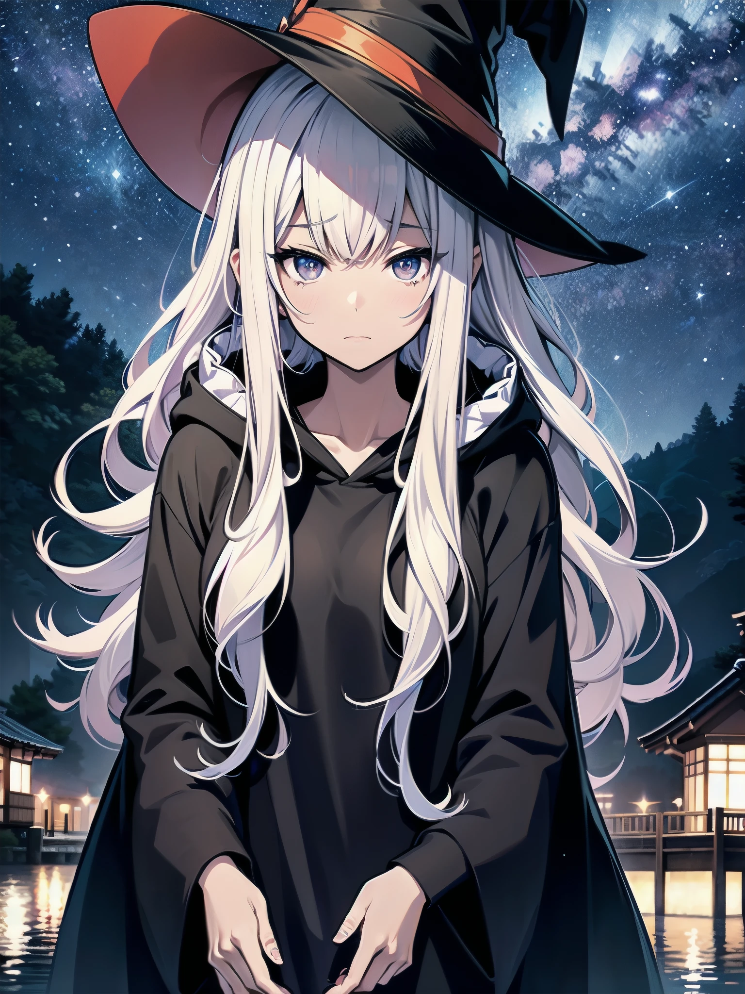 japanese illustration、A girl lost in thought in an open-air bath at Lake Suwa、Woman wearing a large pointed black witch hat with small sapphire accessories、black open front hoodie、Woman wearing a white T-shirt、The night view is beautiful、An expression that looks sad but shows strong will.、The girl stands up and looks towards me.、I have eyes that look far away、standing、I put my left hand on my left ear、165cm Female、beautiful starry sky、