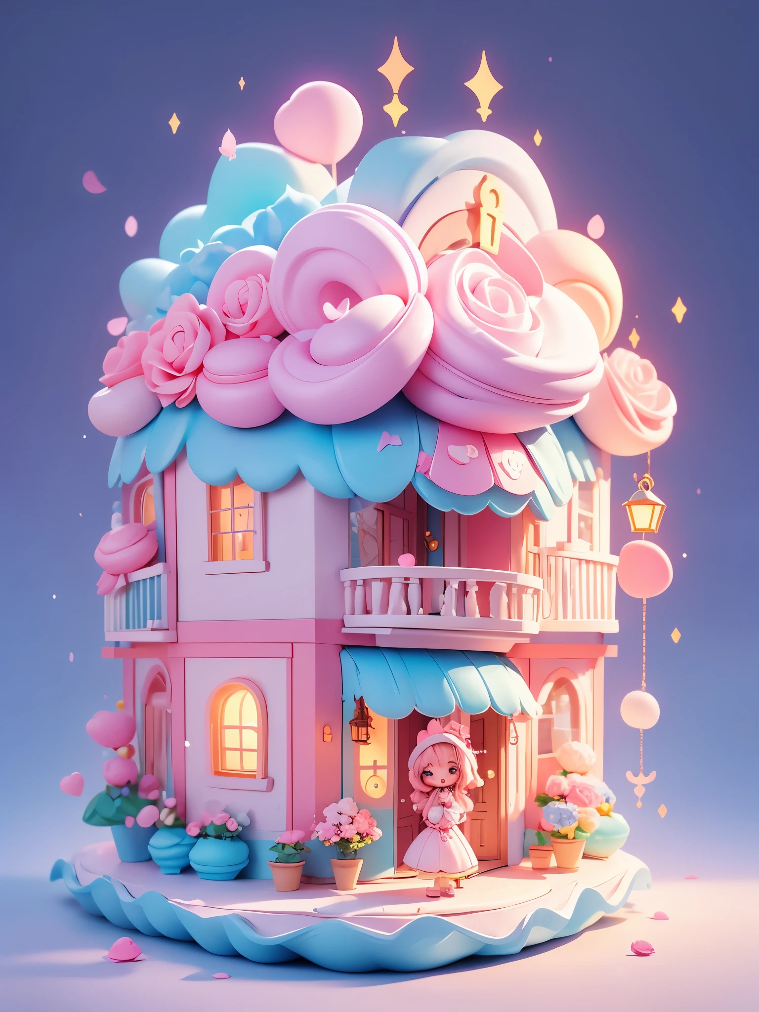 cmiling,cute 1girl,Creating a charming little house made of cotton candy, featuring shades of pink, rose, white, yellow, and blue. In the background, highlighting giant macarons in white, creating a magical and cozy atmosphere.