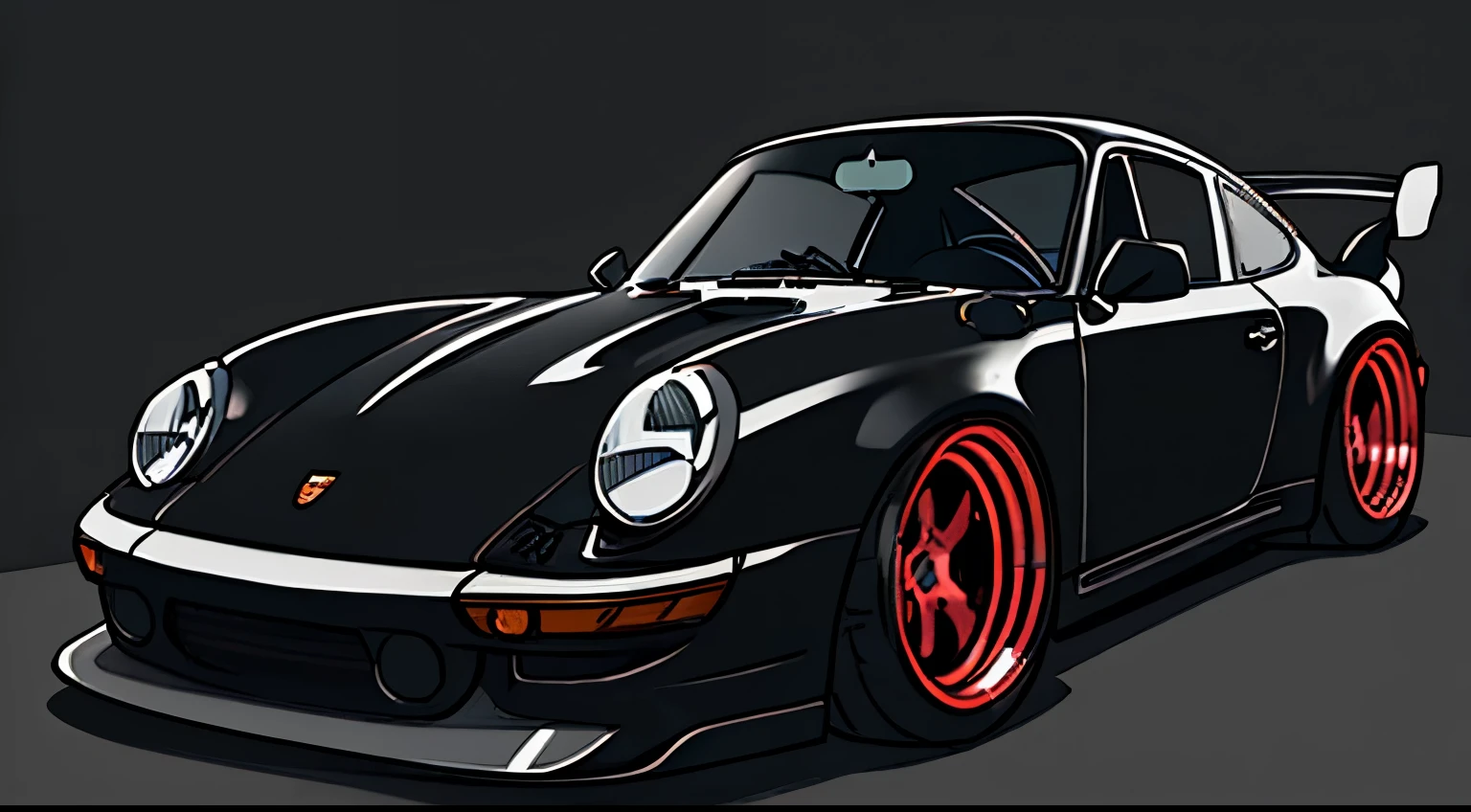Black Porsche 911 rwb, wide body, sketch,
cartoonish, comic strip, Chip Foose car rendering, chrome wheels, bagged, slammed to the ground,