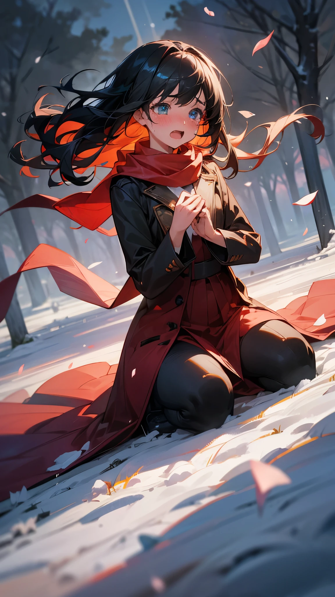 cinematic digital artwork of a girl crying on the snow, blushing, cute girl, high angle, detailed face, emotional, tears, semi-realistic,beautiful hair, can see individual strands of hair, hair in the wind, kneeling, cold background, wind, sakuras trees, morning, petals in the air, wearing a scarf, a tragic scene, romantic, cinematic, gorgeous lighting, rays of light, shimmering eyes,(tears, vivid eyes), (shouting, open mouth, hands on the chest:1), deep black hair, red clothes