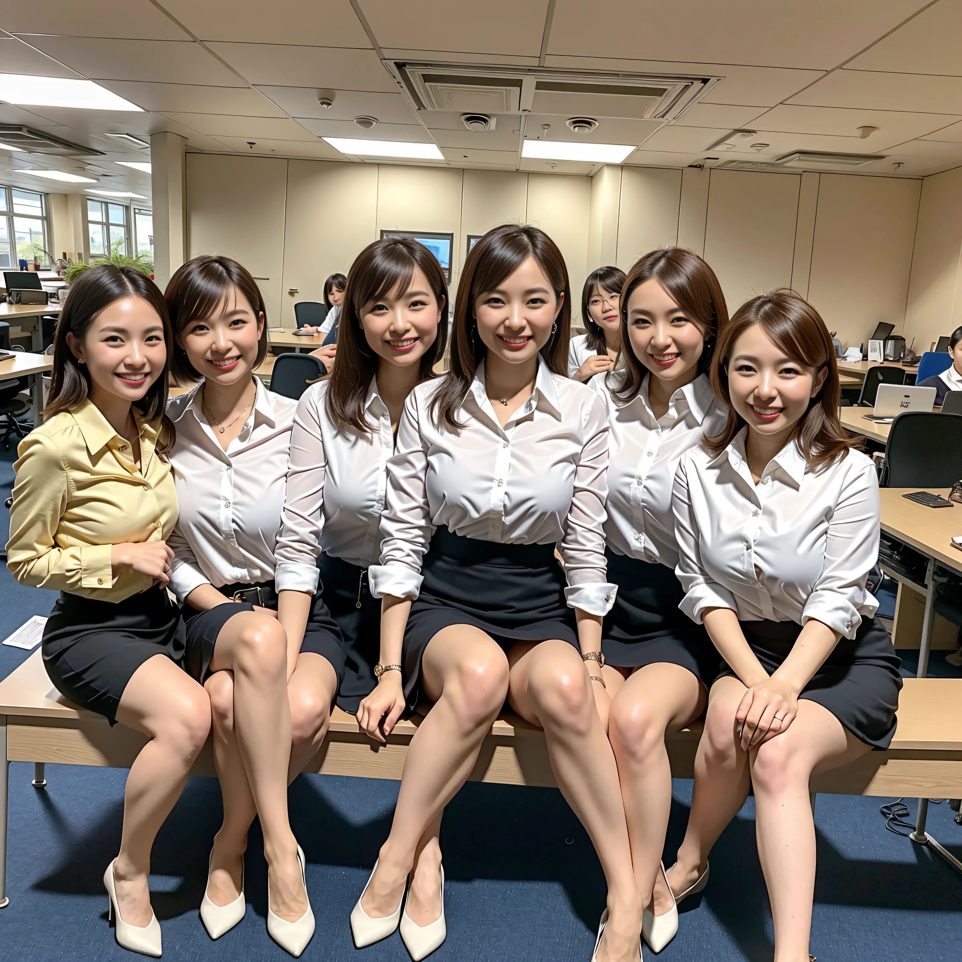 ((highest quality, 8k, Representative works in detail, ultra high resolution)), (Group photo), (looking at the viewer), (middle shot:), 魅力的なビジネス5-peopleの熟女, 5-people, a little chubby:0.25, white collared shirt, gray skirt, (sitting cross-legged on the desk in the office)), smile, CEO's Office,