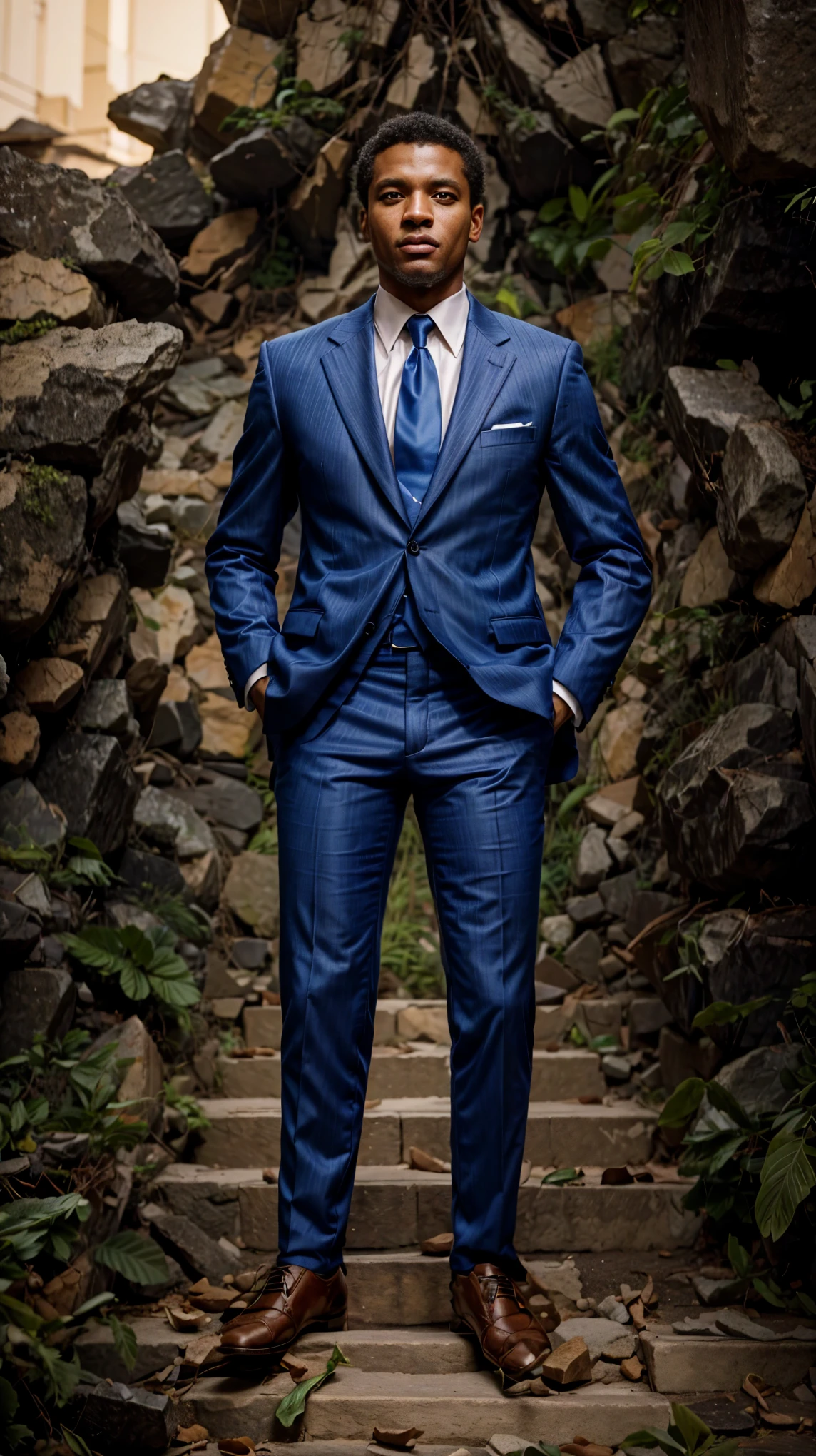 a close up of a man in a suit standing on a stair, from kehinde wiley, kehinde wiley, inspired by Barkley Hendricks, by Barkley Hendricks, full body portrait painting, blue suit, painting of a man, promotional art, promo art, fully clothed. painting of sexy, in his suit, joe biden full body portrait, blue gold suit