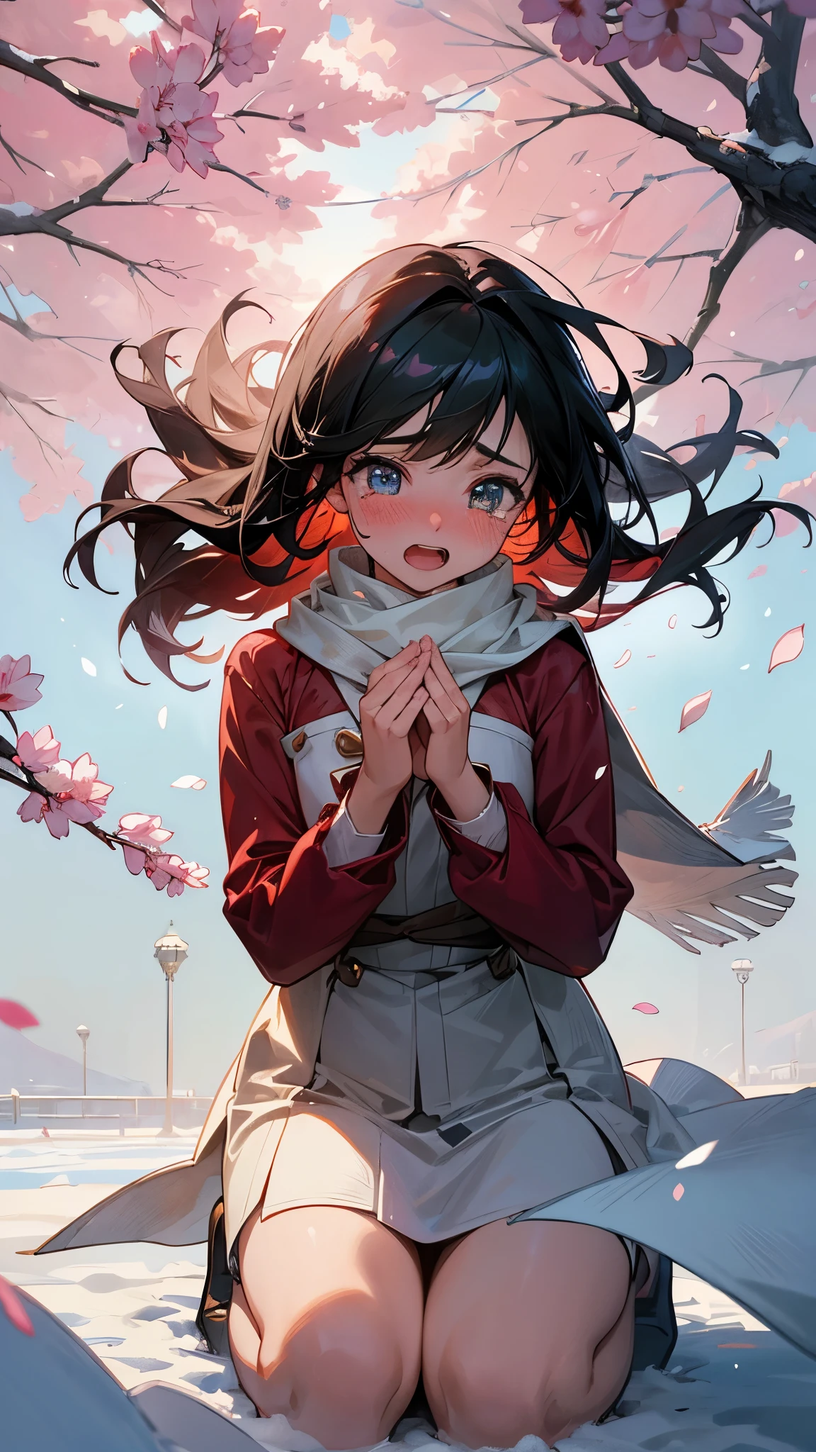cinematic digital artwork of a girl crying on the snow, blushing, cute girl, high angle, detailed face, emotional, tears, semi-realistic,beautiful hair, can see individual strands of hair, hair in the wind, kneeling, cold background, wind, sakuras trees, morning, petals in the air, wearing a scarf, a tragic scene, romantic, cinematic, gorgeous lighting, rays of light, shimmering eyes,(tears, vivid eyes), (shouting, open mouth, hands on the chest:1), deep black hair, red clothes