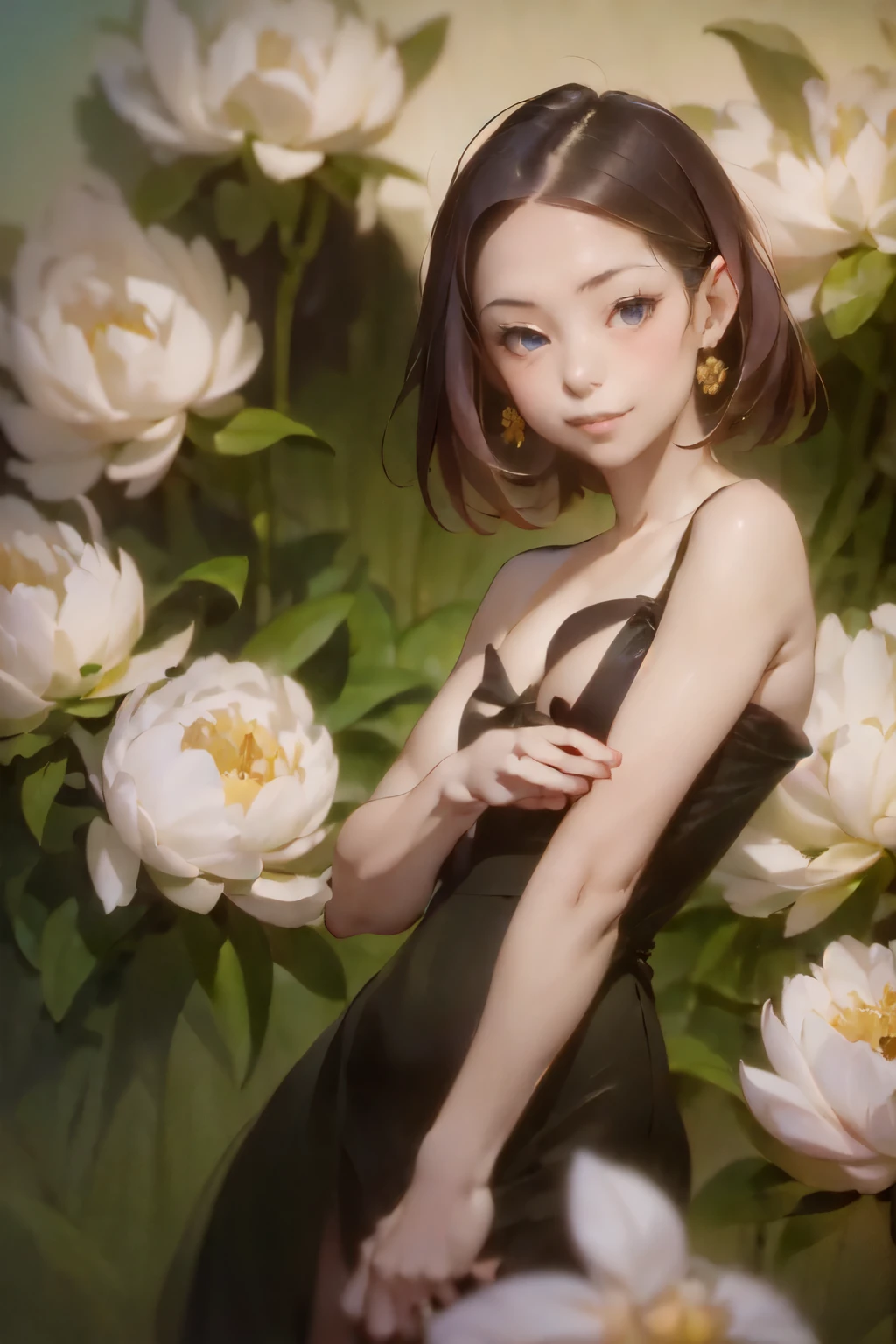 ((Masterpiece, Best quality: 1.2), (Create MAxZenArt!))_((Top quality, oil painting, virtuoso execution, wonderful masters))_((Final fantasy (Yuna),(young girl - , nude, full growth, naked body, dark hair, light skin, scarlet lips, smile; black, expressive eyes, long eyelashes))_((Girl with brown hair, dressed; black translucent - chiffon dress, gold line, very short dress- peignoir, (erotica), (sexuality), (calm relaxed pose, hair fluttering in the wind, half a turn, look at the viewer, stylish girl model))_((Beautiful painting of characters, soft anime computer graphics, realistic anime -art, sexy girl, photorealistic rendering of an anime girl, painting-realism, digital art))_ ((Background- flower garden, pictorial writing, stylized- virtuosic brushwork, graphic, (stunning; flowers lilies, peonies, chrysanthemumodern style)_(High quality, masterpiece)).