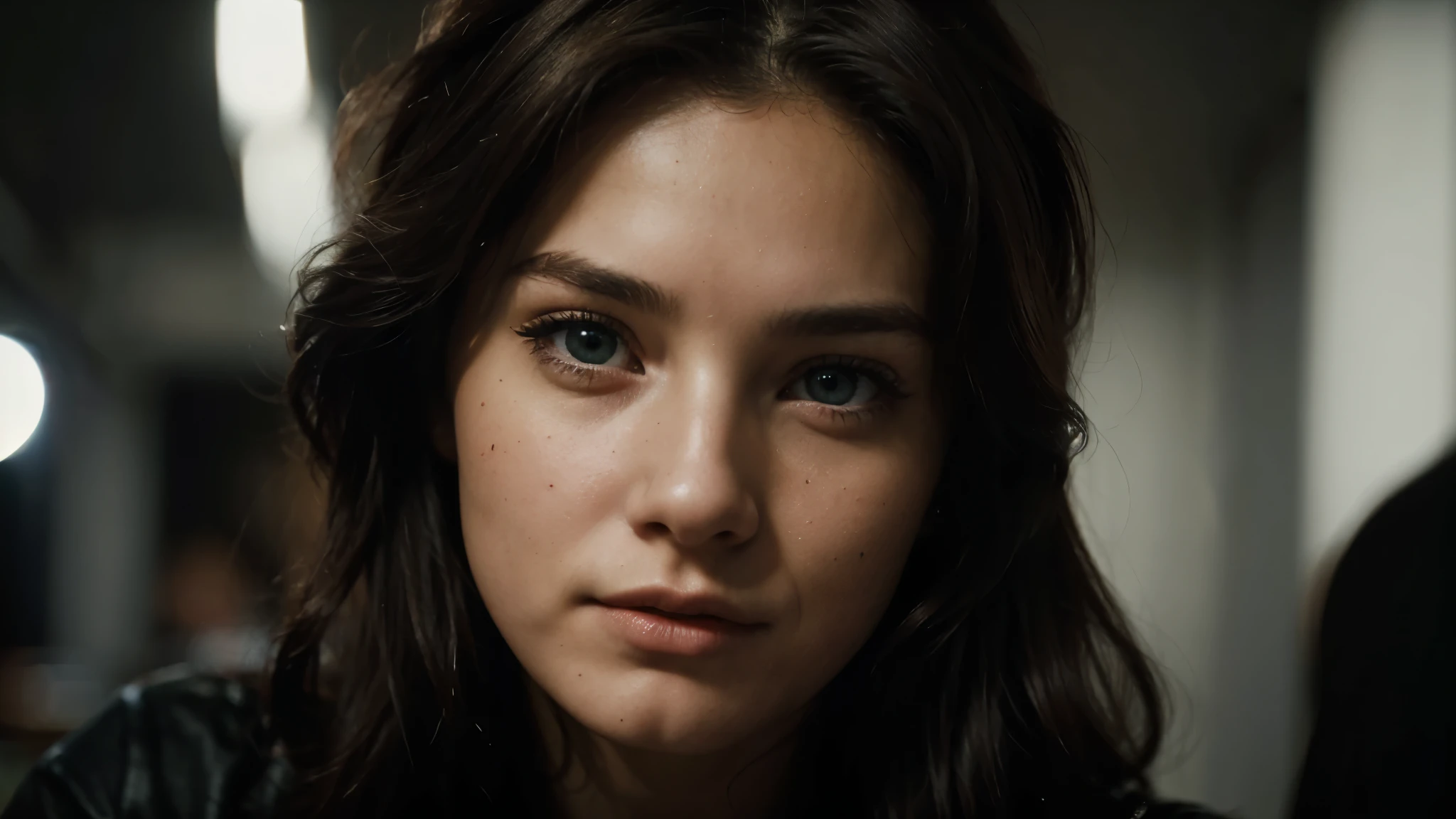 (close-up, editorial photograph of a 21 year old woman), (highly detailed face:1.4) (smile:0.7) (background inside dark, moody, private study:1.3) POV, by lee jeffries, nikon d850, film stock photograph ,4 kodak portra 400 ,camera f1.6 lens ,rich colors ,hyper realistic ,lifelike texture, dramatic lighting , cinestill 800, Heterochromia