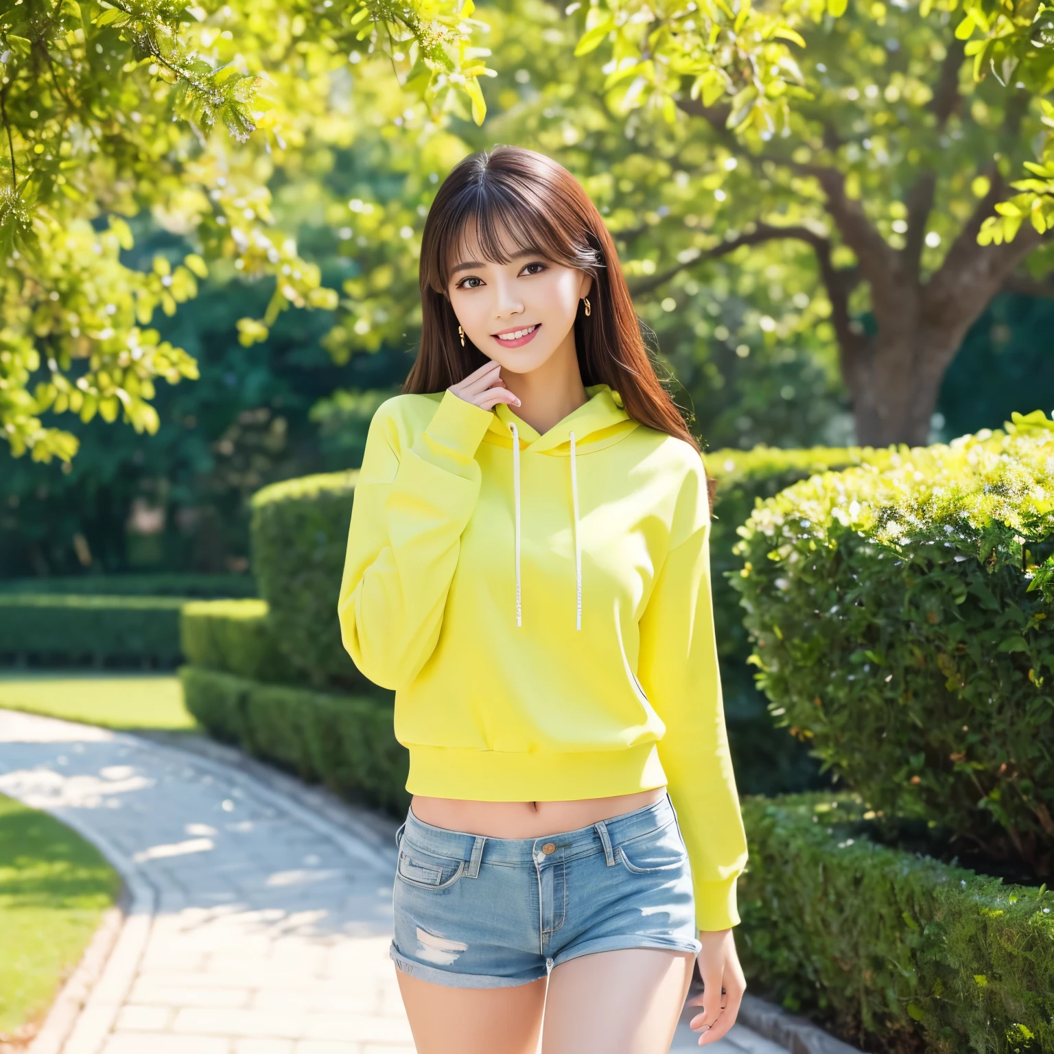 (highest quality、table top、8k、best image quality、Award-winning work)、one cute girl、(Perfect long sleeve lime yellow hoodie:1.1)、(shorts:1.1)、Alone、perfect beautiful composition、(big breasts:1.1)、(emphasize body line:1.1)、slender body、the biggest smile looking at me、(Background of an elegant walking course in a beautifully landscaped park:1.1)、(Beautiful deep walking course:1.1)、(Strongly blurred background:1.1)、(stand gracefully:1.1)、natural makeup、Ultra high definition beauty face、ultra high definition hair、Super high-definition sparkling eyes、(Super high resolution glossy skin:1.1)、Super high resolution glossy lips、(Accurate anatomy with great attention to detail:1.1)、(very bright and vivid:1.1)