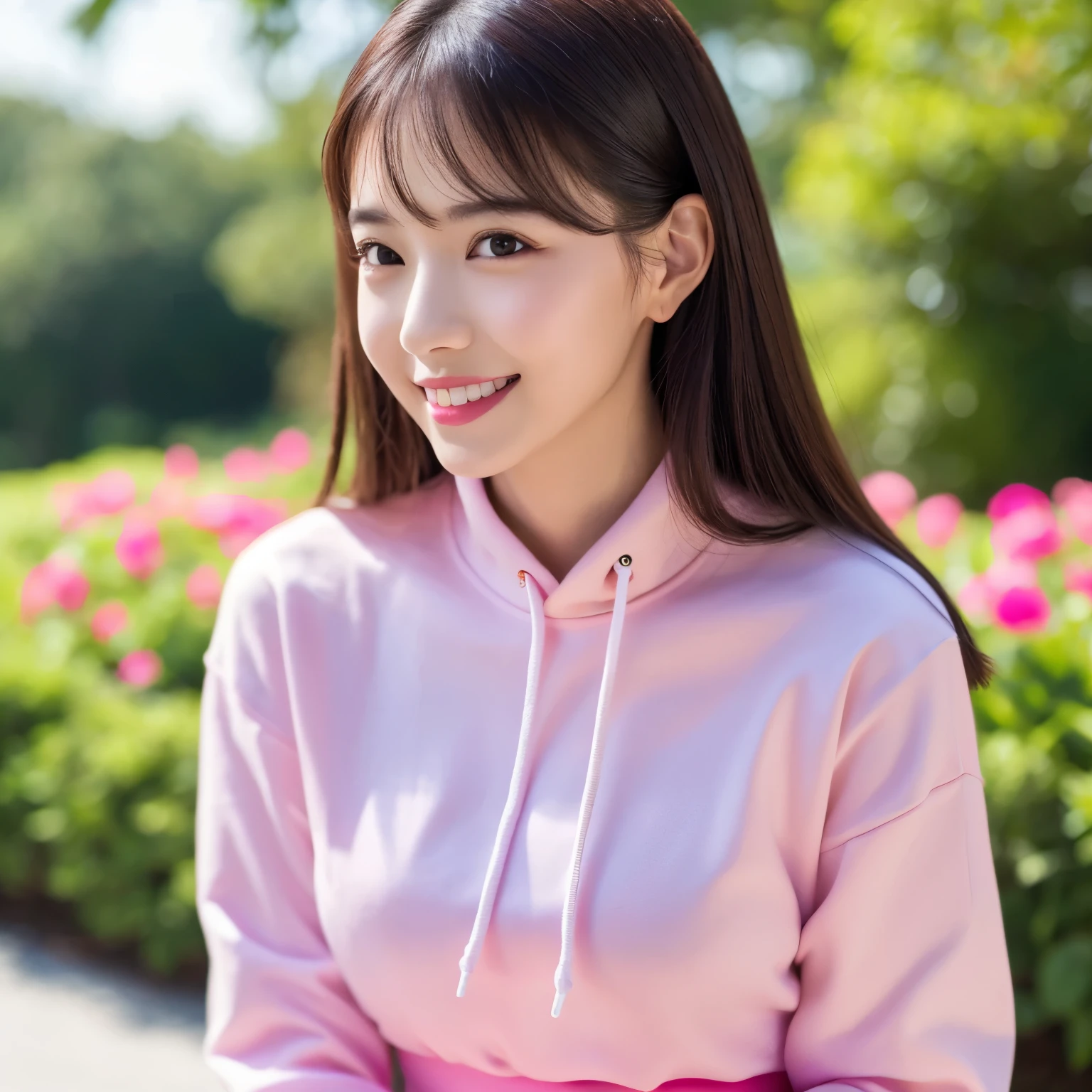 (highest quality、table top、8k、best image quality、Award-winning work)、one cute girl、(perfect long sleeve white hoodie:1.1)、(pink shorts:1.1)、Alone、perfect beautiful composition、(big breasts:1.1)、(emphasize body line:1.1)、slender body、the biggest smile looking at me、(Beautifully maintained and elegant park background:1.1)、(Strongly blurred background:1.1)、(stand gracefully:1.1)、natural makeup、Ultra high definition beauty face、ultra high definition hair、Super high-definition sparkling eyes、(Super high resolution glossy skin:1.1)、Super high resolution glossy lips、(Accurate anatomy with great attention to detail:1.1)、(very bright and vivid:1.1)