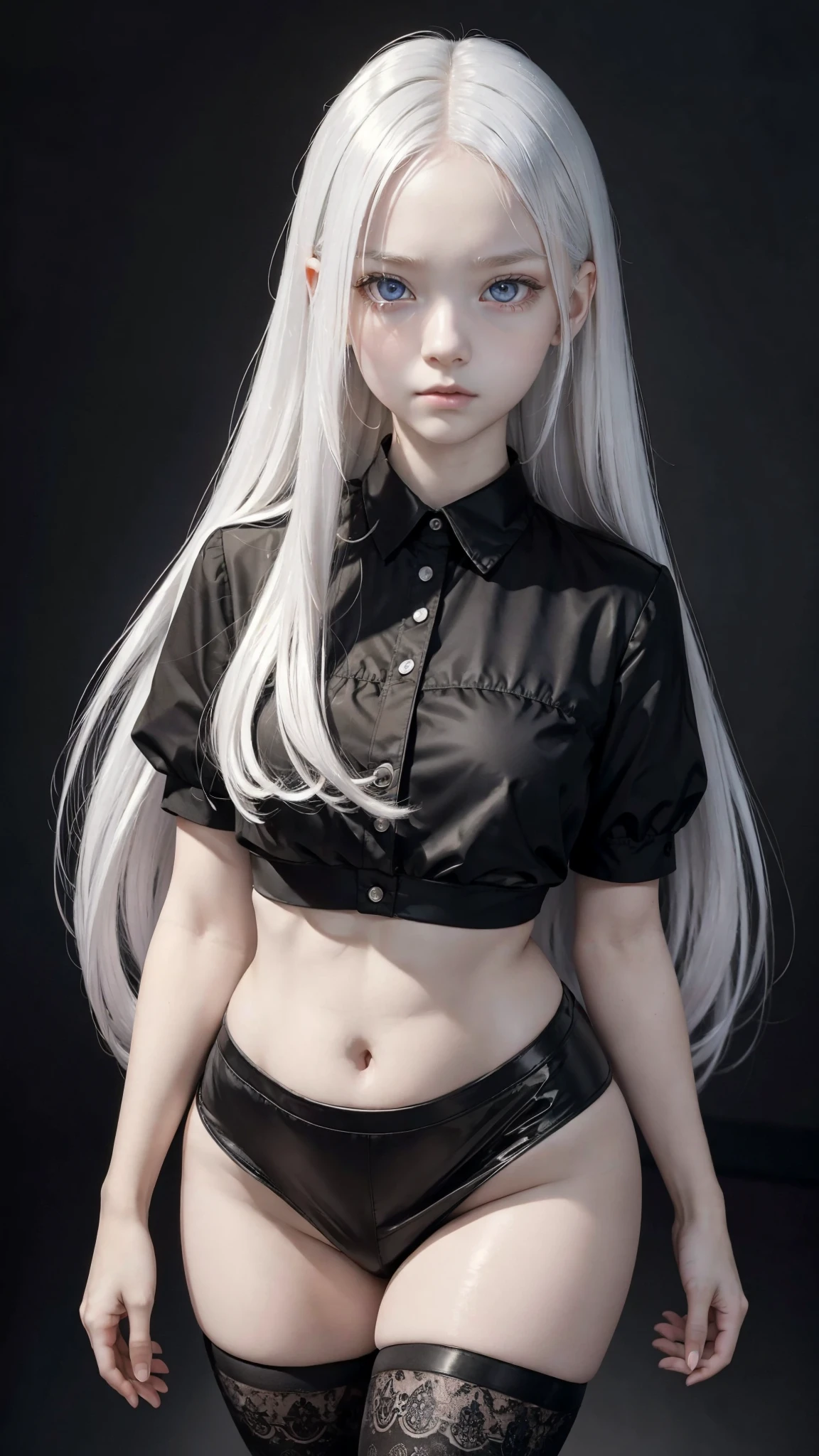  very albino girl, 14 years old, extremely beautiful, the most beautiful in the whole world, ultra big eyes, very silver irises, very full lips, straight hair, long hair, shiny silver hair, very thin waist, very flat stomach, ultra micro breasts, very wide hips , very thick thighs, small hands, very detailed face, intrinsic details, (always repeat the same face), (always repeat the same appearance), (always repeat the same proportions), (always repeat the same clothes), looking at the camera, completely alone, always shown full body, ((chubby)), wearing a black micro skirt and a black micro blouse