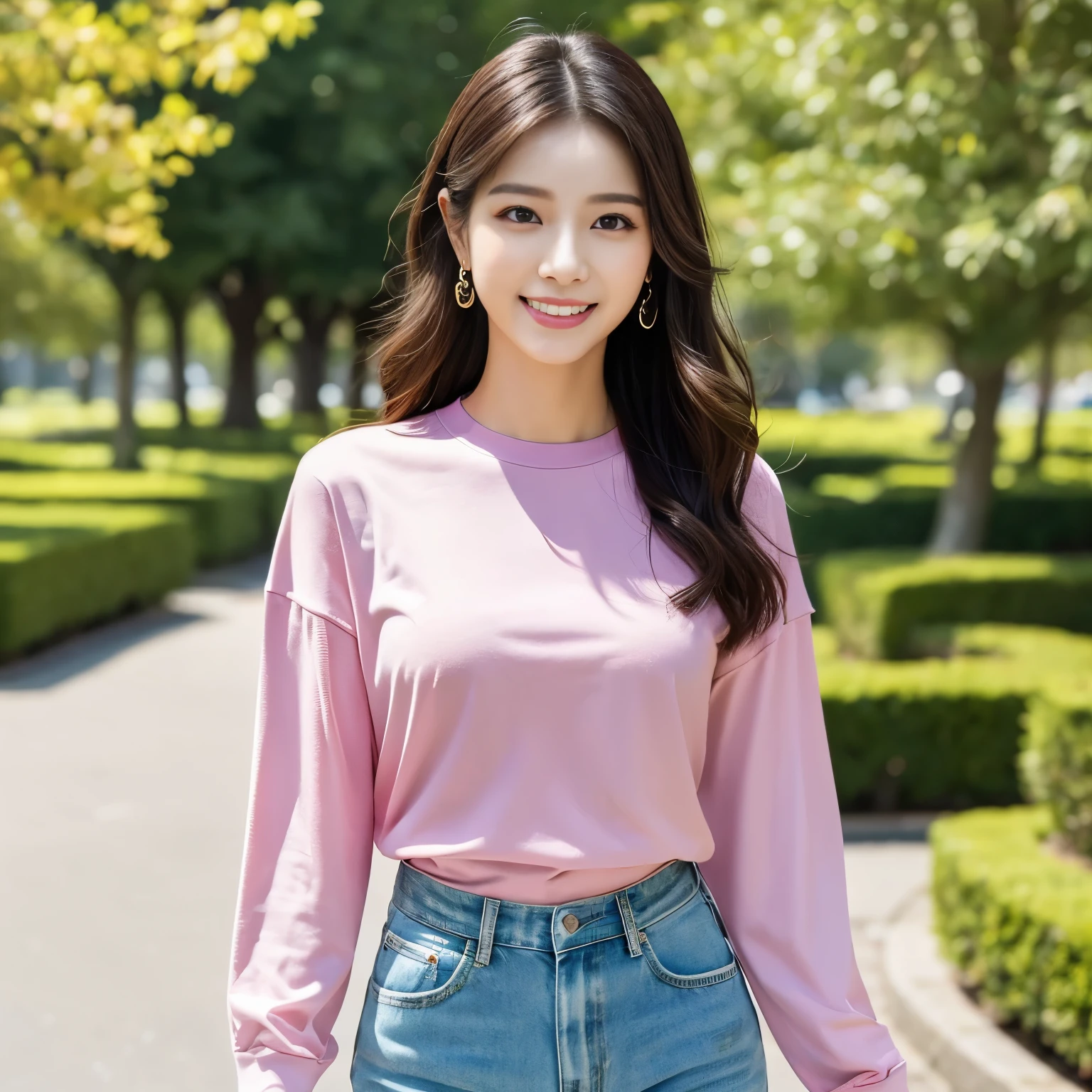 (highest quality、table top、8k、best image quality、Award-winning work)、one cute girl、(perfect long sleeve pink t-shirt:1.1)、(shorts:1.1)、Alone、perfect beautiful composition、(big breasts:1.1)、(emphasize body line:1.1)、slender body、the biggest smile looking at me、(Background of a walking course in a beautifully maintained and elegant park:1.1)、(Walk along a deep and beautiful walking course:1.1)、(Strongly blurred background:1.1)、(stand gracefully:1.1)、natural makeup、Ultra high definition beauty face、ultra high definition hair、Super high-definition sparkling eyes、(Super high resolution glossy skin:1.1)、Super high resolution glossy lips、(accurate anatomy:1.2)、(very bright and vivid:1.1)