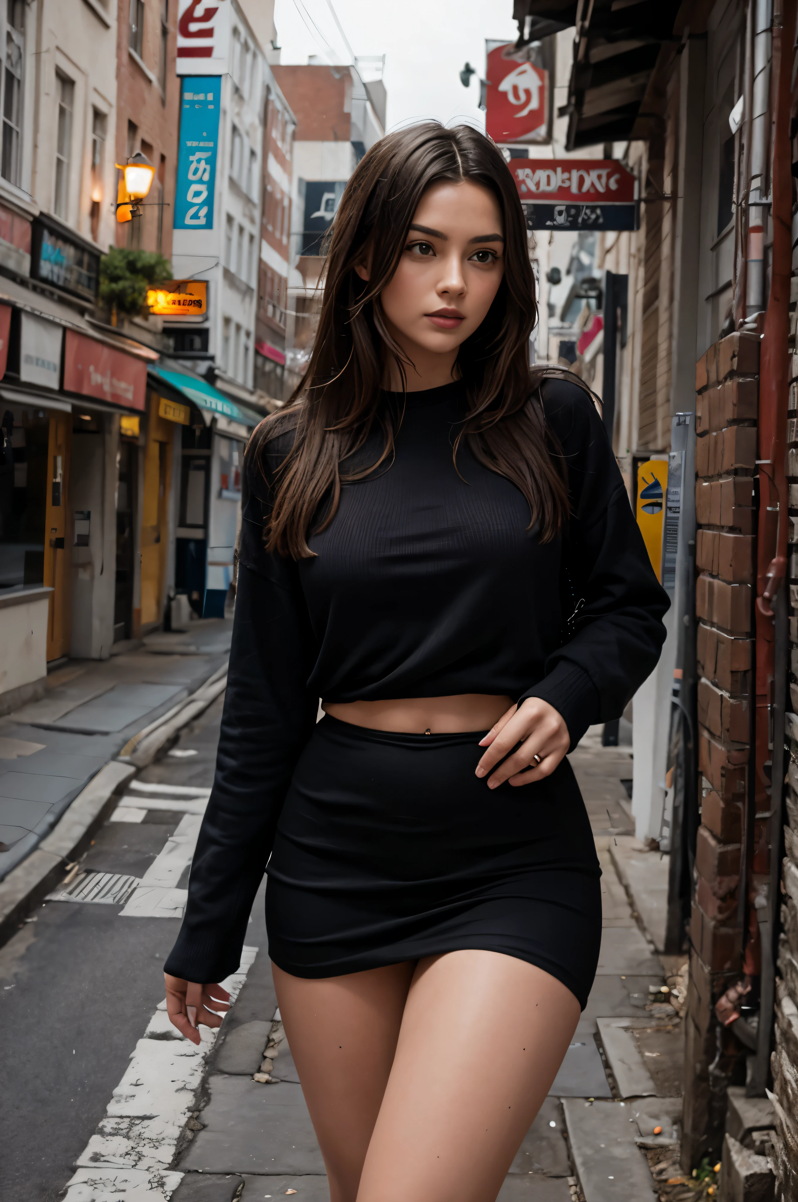Professional photo, good daylight, Super beautiful brunette, beauty attracts attention, in business clothes, medium height, model appearance, Bright mood, Playfully posing, ultra realistic photo, detailed drawing of the face and body, posing while walking along the business district street, high rise buildings around, glass facades, Cars, poses beautifully, emphasizing the sexy figure of the body, rounded legs are slightly visible, looks at the camera, fully dressed, hands are drawn in detail, bag in hands