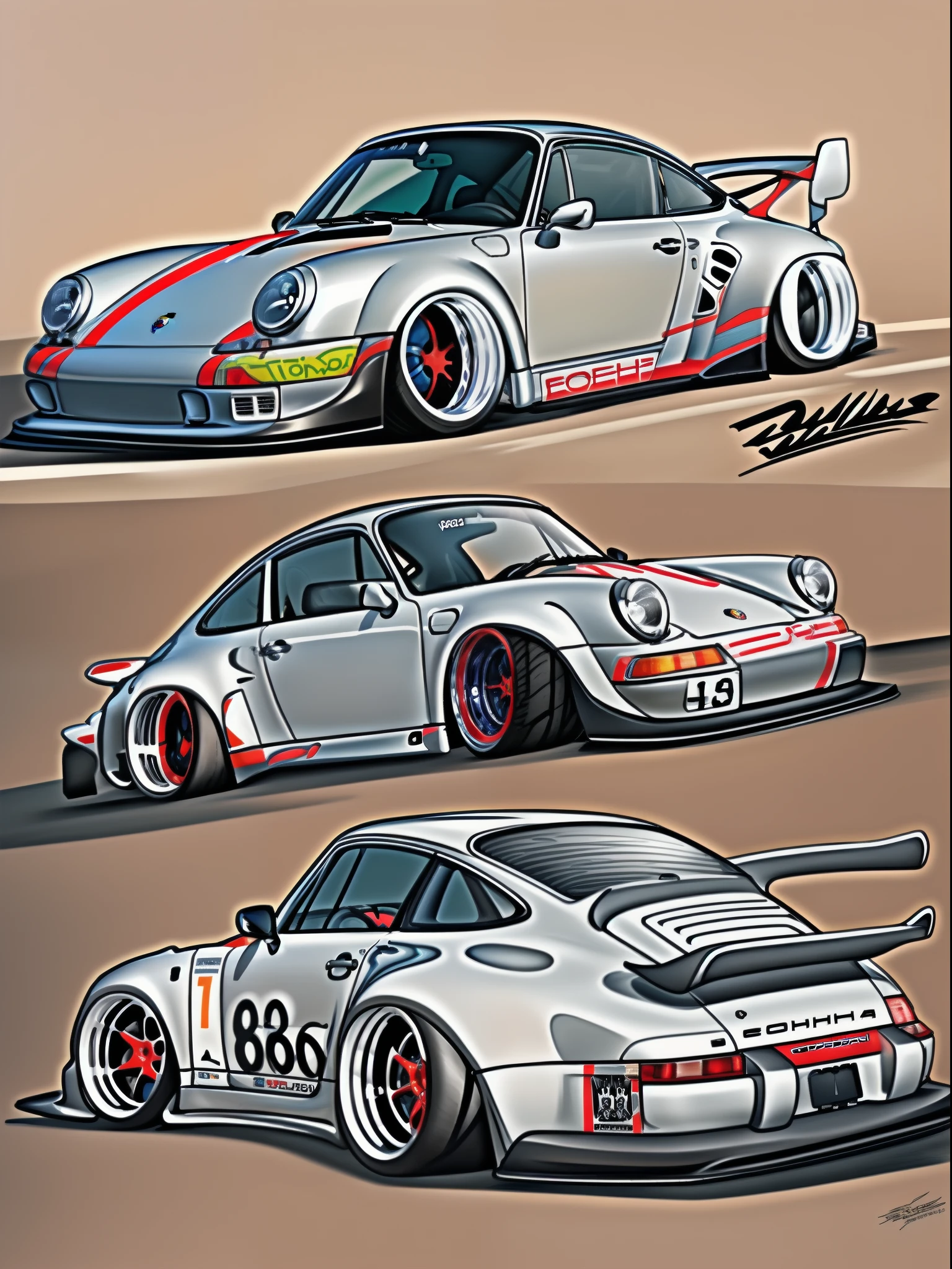 Porsche 911 rwb, wide body, sketch,
cartoonish, comic strip, Chip Foose car rendering, chrome wheels, bagged, slammed to the ground,