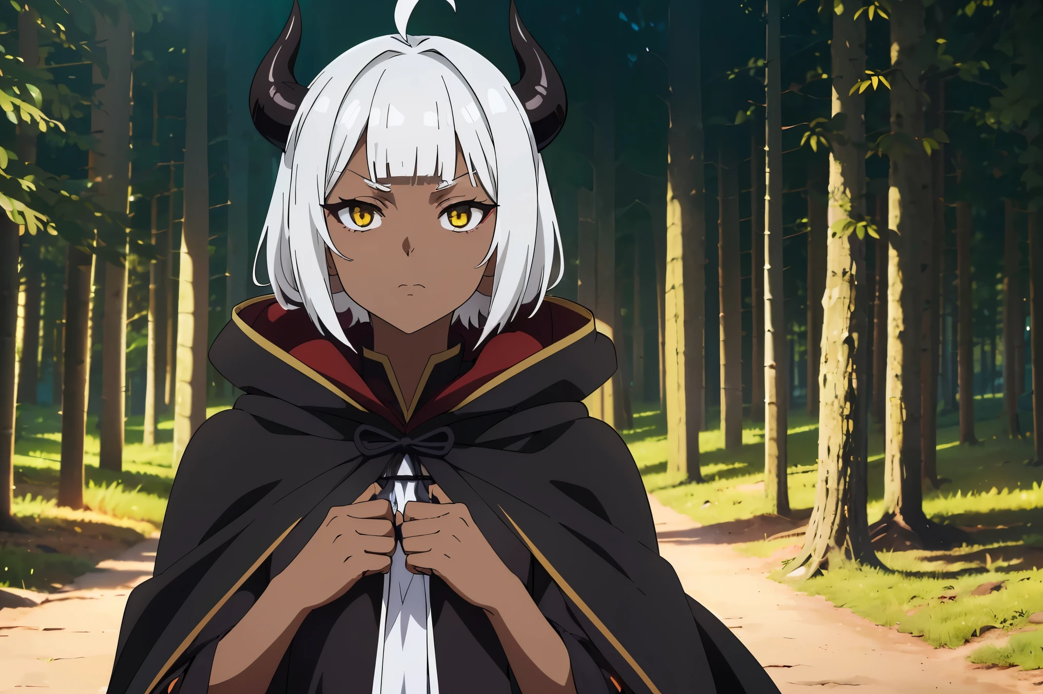 Cimematic vision, nigth, ((1girl)), (lolita), ((((Dark skin)))), ((((short white hair)))), (horns), (((blunt bangs))), yellow eyes, ((cabelo emaranhado)), ((((no expression)))), Sonolenta, ((ahoge)), ((((black cloak)))), desleixada, ((melhor qualidade)), ((obra de arte)), (detalhado), rosto perfeito, ((style novel)), ((in forest)), cores beautiful, ((((style anime Shikimori-san))))