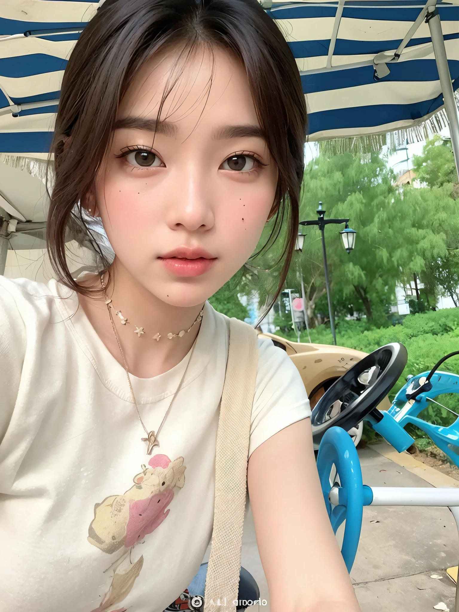 there is a woman sitting under an umbrella with a necklace, young lovely korean face, young pale and beautiful asian face, adorable and pale korean face, garota cara fofa, com cara fofa - linda, korean symmetrical face, Ulzzang, south east asian com rosto redondo, com rosto redondo, pale round face, Jinyoung Shin, rosto redondo pequeno