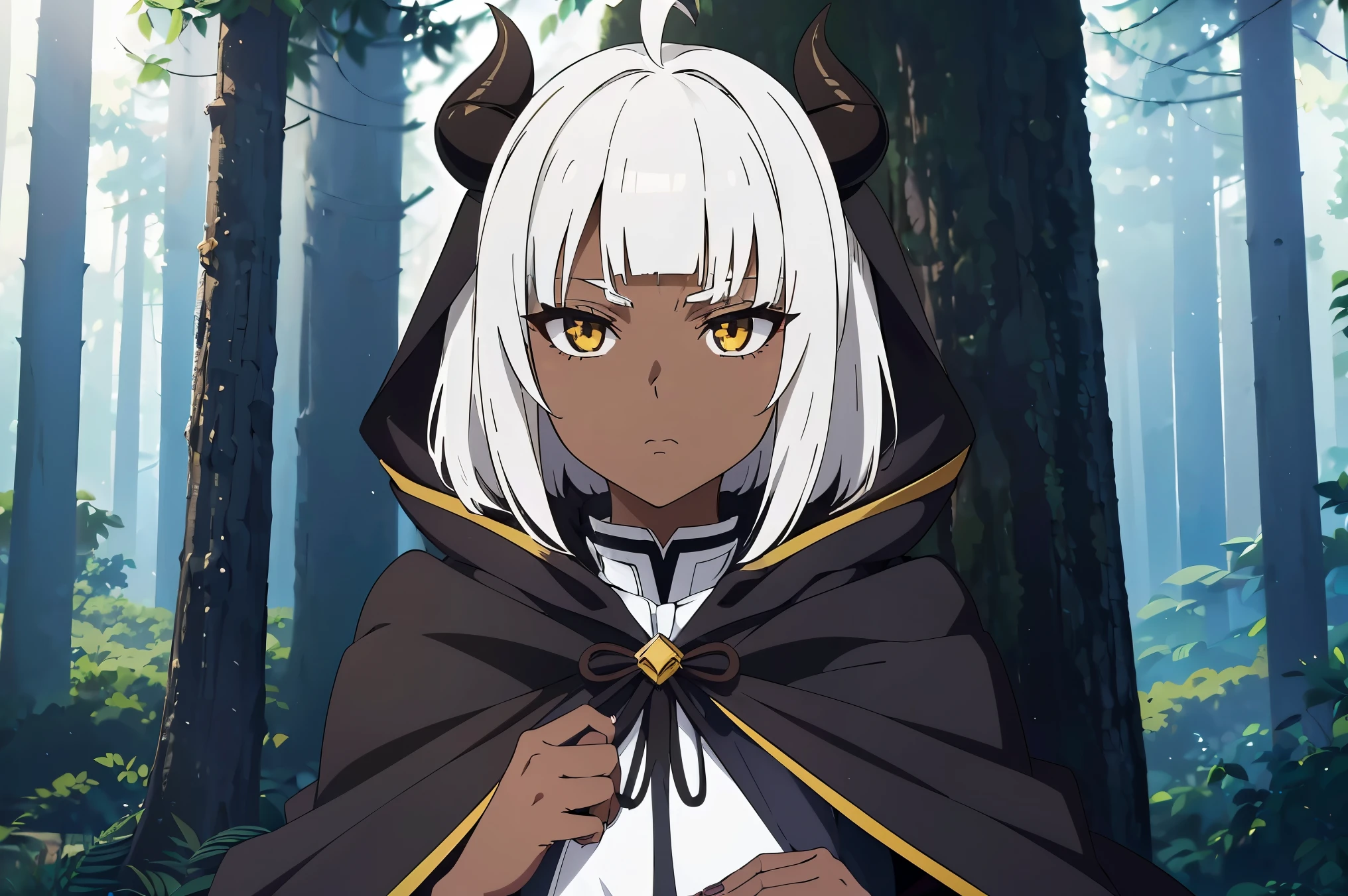 Cimematic vision, nigth, ((1girl)), (lolita), ((((Dark skin)))), ((((short white hair)))), (horns), (((blunt bangs))), yellow eyes, ((cabelo emaranhado)), ((((no expression)))), Sonolenta, ((ahoge)), ((((black cloak)))), desleixada, ((melhor qualidade)), ((obra de arte)), (detalhado), rosto perfeito, ((style novel)), ((in forest)), cores beautiful, ((((style anime Shikimori-san))))