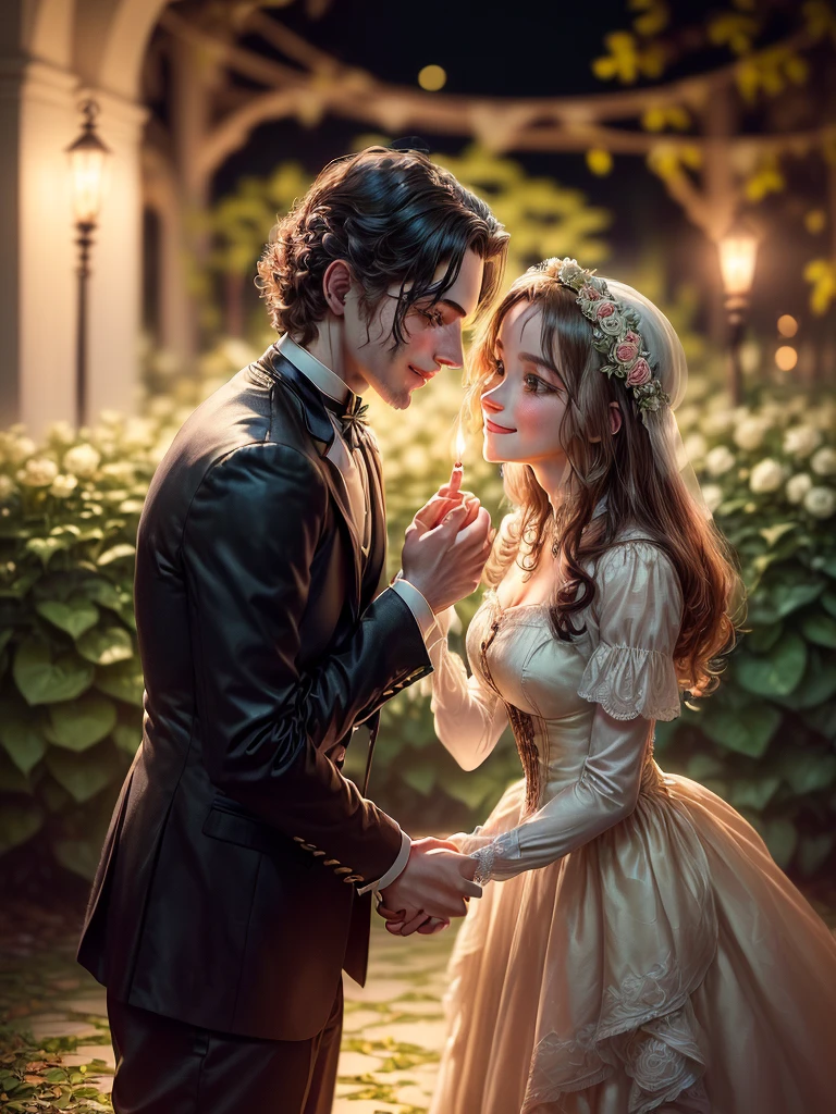 ((dreamy romantic atmosphere, soft and magical light:1.3)), ((Imaginative scene light particles falling from the dreamy sky)), ((Meticulously detailed:1.3)), ((full shot:1.4)), ((best quality) ), ((masterpiece)), 3D, (((a young heterosexual couple from the 1860s:1.5, beautiful and cheerful, the man bends on one knee holding her hand and kissing her hand young, she smiles blushing with shyness: 1.5 )) ), (hyper-detailed: 1.3), ((1860s clothing style, hair ornaments and clothing in the style of the 1860s, a man in a pose respectful and the shy young woman, full shot: 1.5)), ((Beautiful woman with shiny hair and hyper-detailed style from the 1860s: 1.3)), ((night background in a beautiful dream garden romantically lit with candles forming a path illuminated with rose petals: 1.3 ))), (((at night:1.2)) ), (photorealistic:1.4), ((Front camera)), (smiling happily), ( (Cinematic lighting with romantic and subtle tones candle lights:1.2)),. 32k.