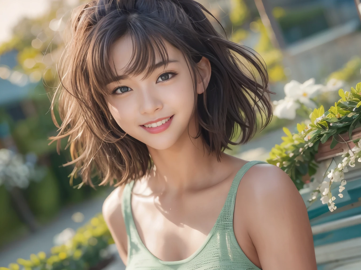 (8k, highest quality, masterpiece:1.2), (realistic, Photoreal:1.37), super detailed, one girl,cute, solo,beautiful and detailed sky,date,(nose blush),(laughter:1.15),(closed mouth)small breasts、beautiful and fine eyes、(hair length: 1.2)、Floating hair NovaFrogStyle、Upper body、Tank top、18 year old female、Smile