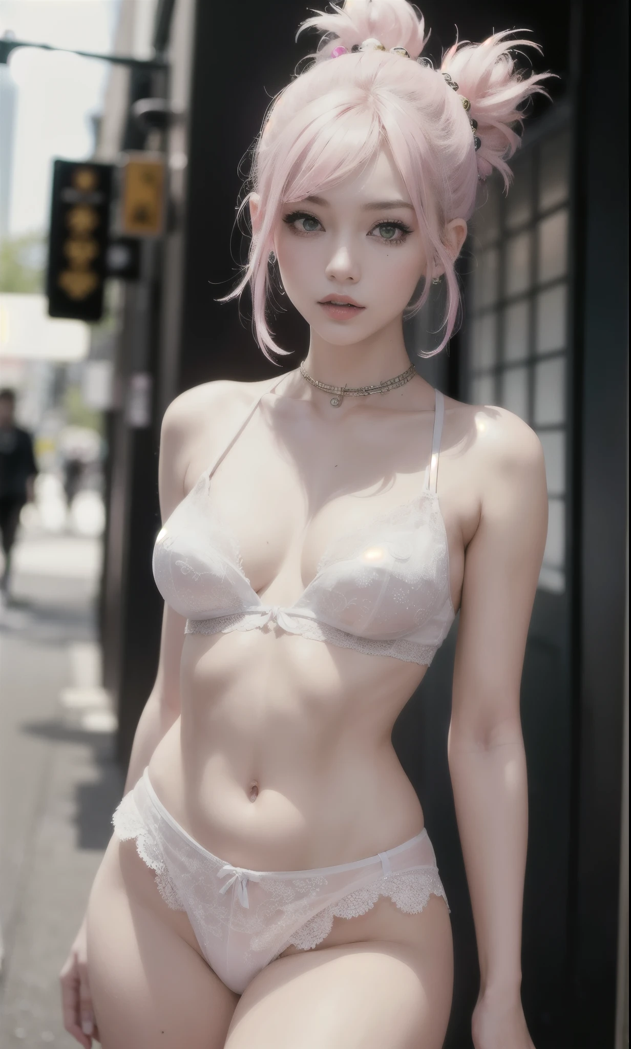 "(Best Quality, 8K, 32K, masutepiece:1.3), Ultra-detailed, (Photorealistic, SFW:1.4), pink and white colors, albino, Punk Girl, Detailed eyes, Upper body, Luxurious neon green punk hair, Edgy punk Harajuku-inspired fashion, Avant-garde makeup, Numerous piercings, Heavily tattooed body, Street graffiti background, Backlight effect, Shallow depth of field, Blurry background"