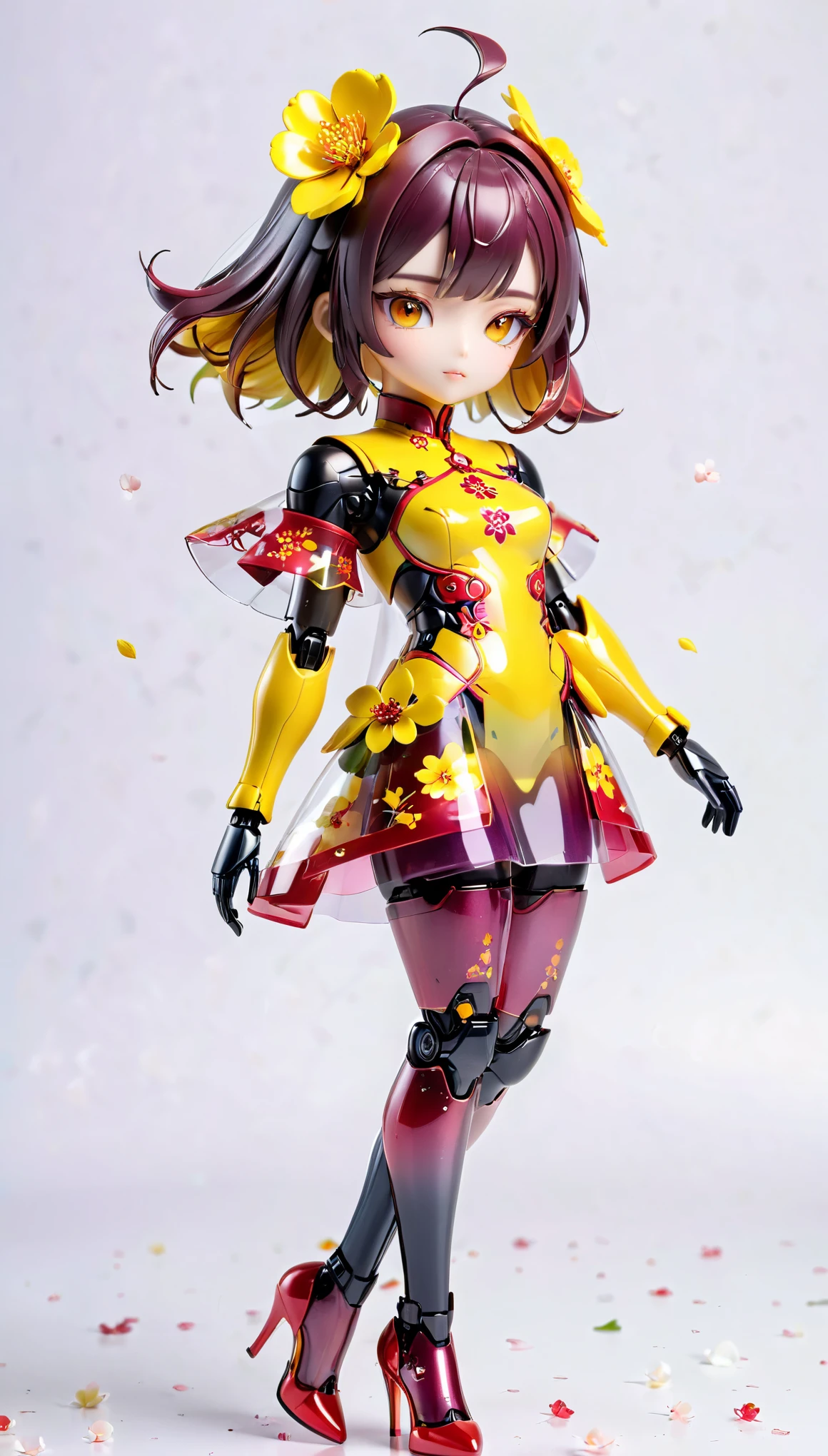 (Blind Box Spielzeug Stil:1.2),full body, solo,white background,(A female robot in a transparent yellow and red gradients Plum Blossom dress, wearing gloves and high heels),(Chinese color,Very colorful), 3D