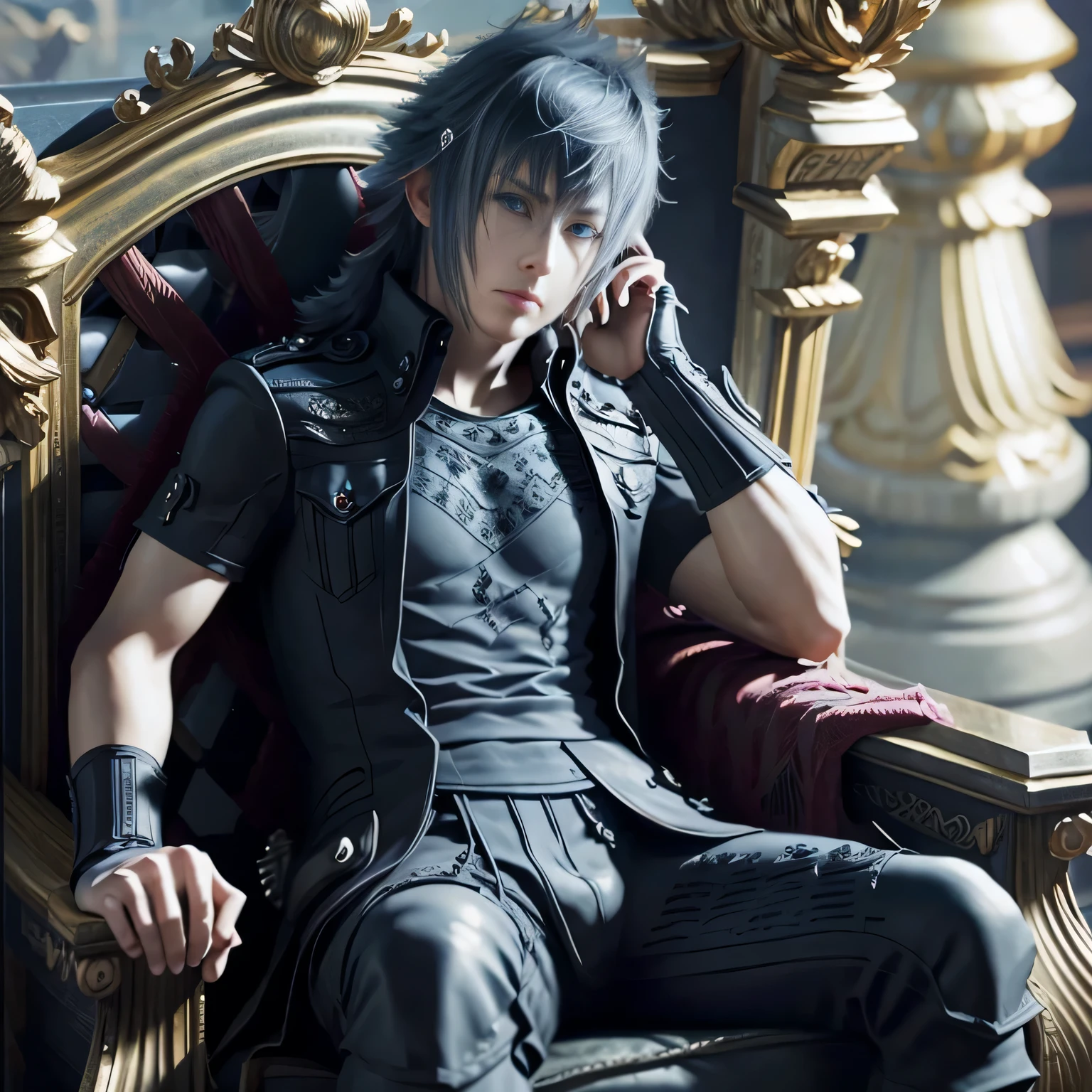 Final Fantasy Noctis wearing a crown and robe sits on a throne, highly detailed 3D art