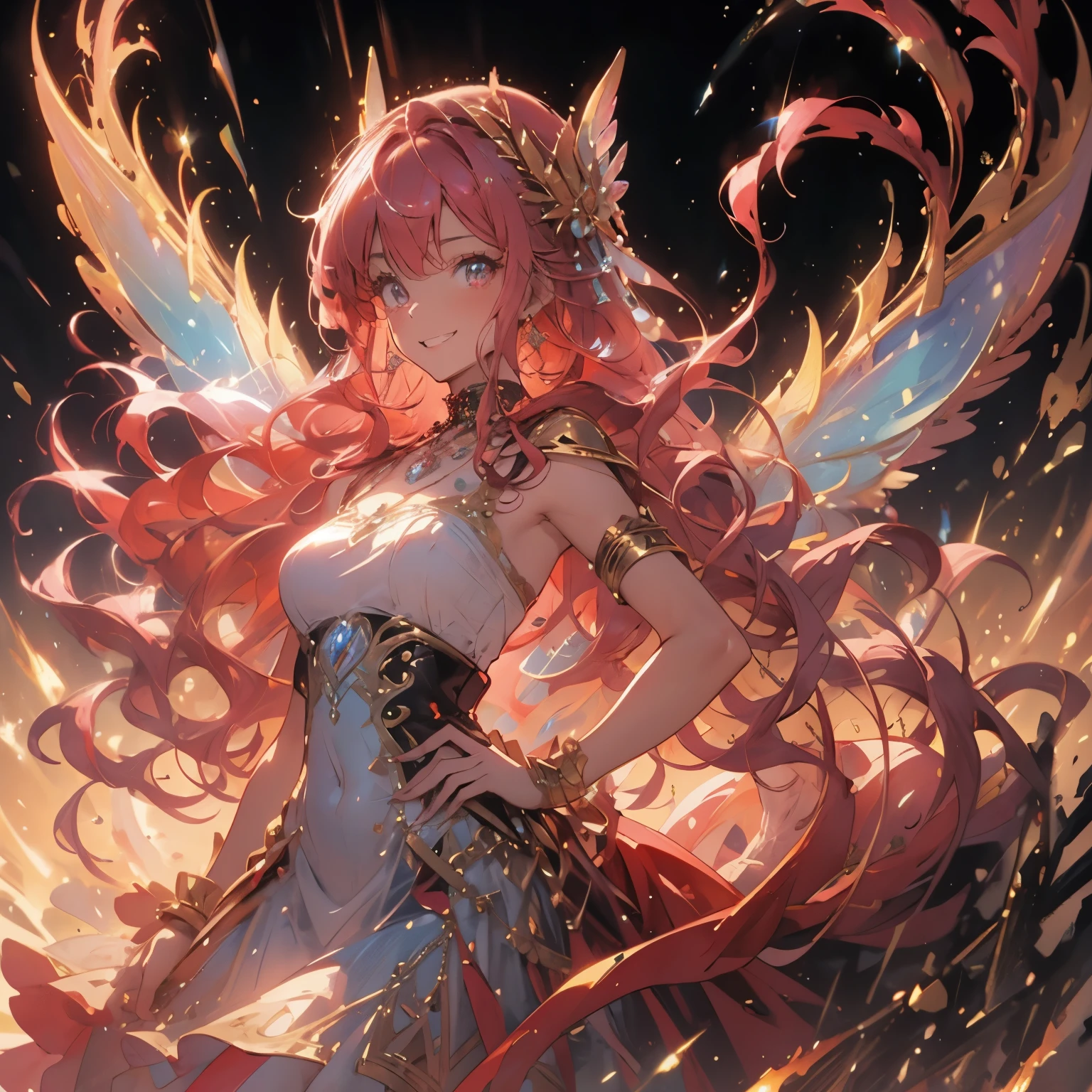 (masterpiece, very detailed, exquisite, beautiful, Full HD, High resolution, confused), (1 person),fairy woman, fire dress base,((fire motif dress)), Giant fairy wings,((smile,Excited, grin and laugh)), dynamic angle,floating, With her left hand on her hip, right hand holding fire,looking at the viewer, golden eyes, Big eyes, sunburned skin, slim, ruby earrings, ruby choker, (white and red ball gown dress:1.1, fire motif dress,ruby decoration), (bob, wavy pink hair,my hair is on fire:1.2 ),fantasy, romantic academia,  cinematic lighting, volume lighting, dynamic lighting,soft edge, soft lines,dynamic angle, dramatic lighting, warm lighting, soft lighting, Depth of written boundary, fantasy, beautiful, dreamy atmosphere, 