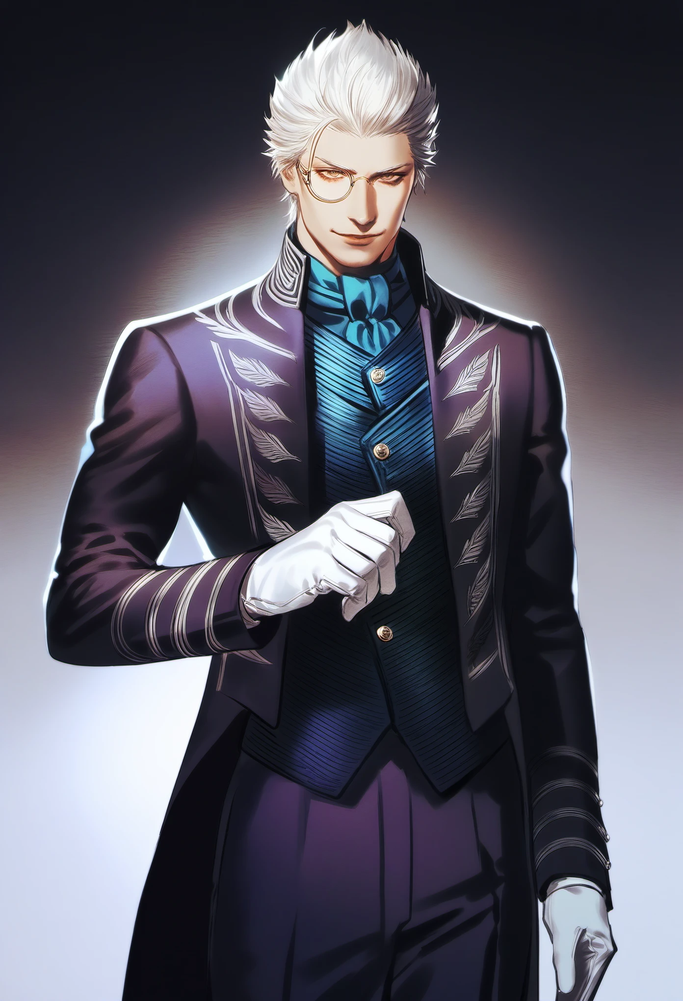 (masterpiece, best quality:1.2), cowboy shot, solo, male focus, 1boy, smile, looking at viewer, white hair, male suit, purple suit, white gloves, prince, focus, (realistic:0.25) dmc5vergil, adult, mature, monocle