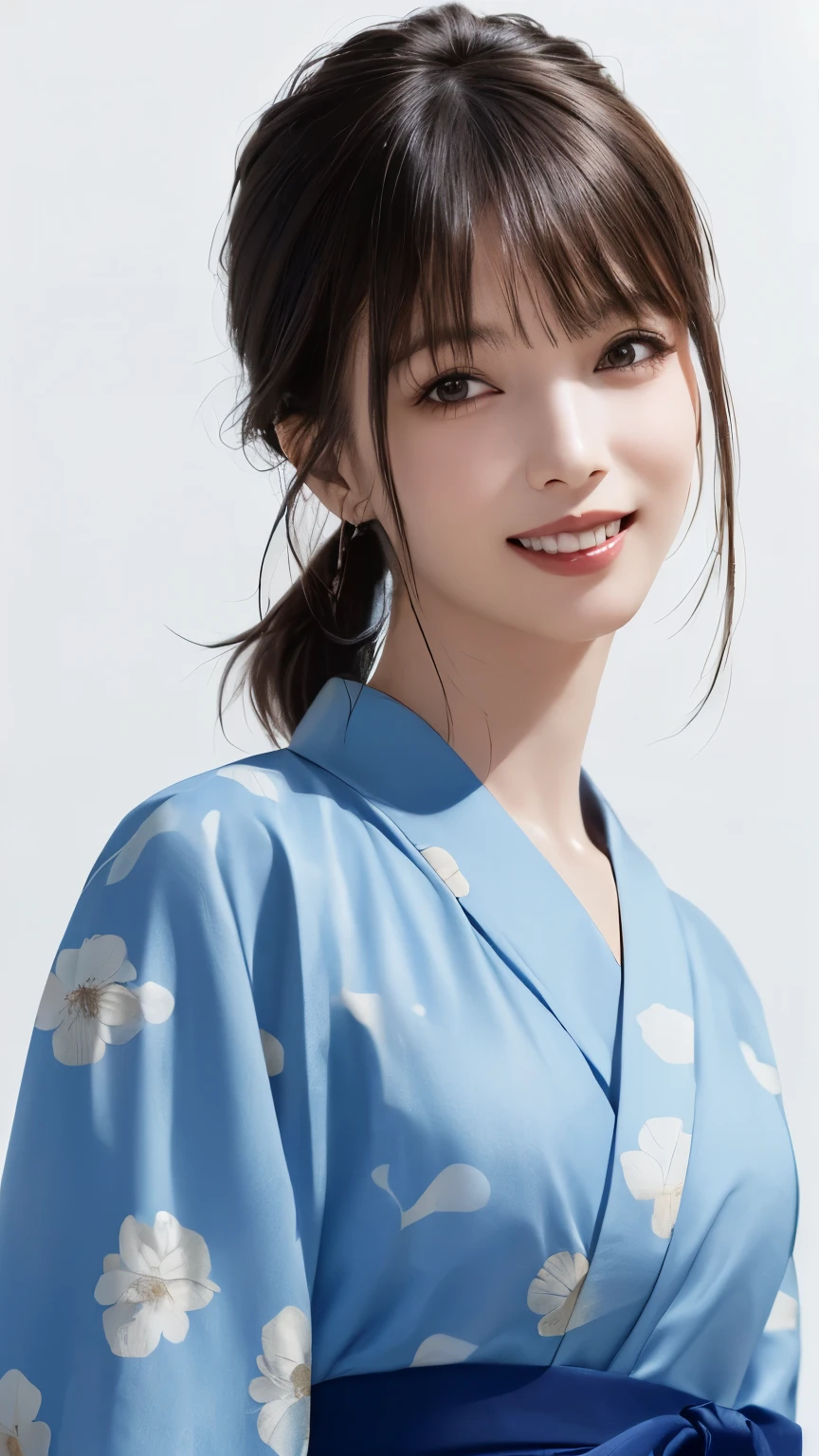 (highest quality、8k、32K、masterpiece)、(realistic)、(Photoreal:1.2)、(High resolution)、Super detailed、very beautiful face and eyes、1 girl、round and small face、thin waist、delicate body、(close、highest quality、high detail、rich skin details)、(highest quality、8k、oil paint:1.2)、Super detailed、(realistic、realistic:1.37)、(((I have black hair)))、(((laughter)))、(((bust shot)))、((ponytail))、(((Pure white wall background)))、(((She is wearing a blue and white yukata)))、(((pure white wall background)))、(((Polka-dot yukata)))、(((大laughterしています)))、(((Teeth are visible)))、(((I put my hand on my head)))、(((Her hair is tied up with a stylish scrunchie)))