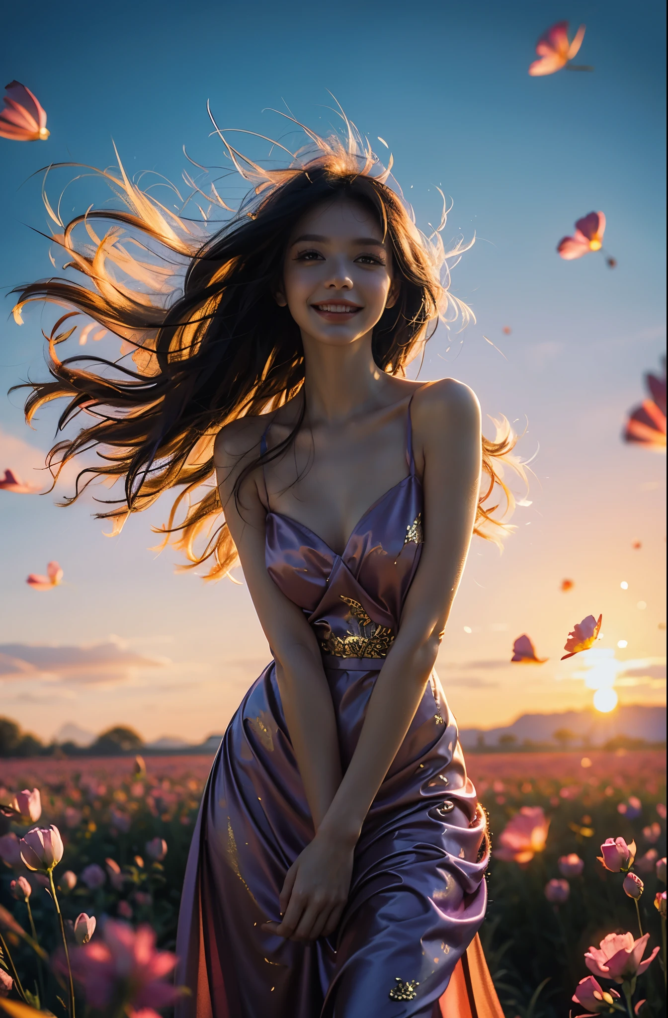 award winning digital art, half body portrait of a beautiful woman in a silk Tang dress with gold embroidery, colorful hairstyle with head in motion and long hair flying, big smile, Happy, sexy,  in a flower field, golden sunset, particles dust, glitter, paint splashes, splatter, outrun, vaporware, shaded flat illustration, digital art, trending on artstation, highly detailed, fine detail, intricate