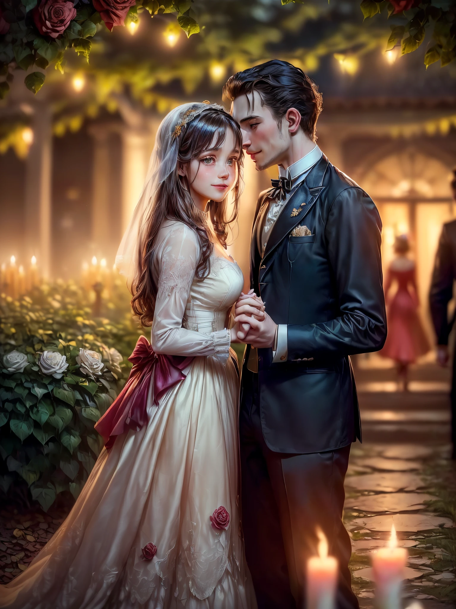 ((dreamy romantic atmosphere soft and magical light:1.3)), ((Imaginative scene light particles falling from the sky)), ((Meticulously detailed:1.3)), ((full shot:1.4)),((best quality)), ((masterpiece)), 3D, (((a young heterosexual couple from the 1860s:1.5, beautiful and cheerful, the man bows taking her hand and kissing the young woman's hand, she smiles, blushing with shyness: 1.5 ))), (hyper-detailed: 1.3), (( 1860s style of clothing, decorations on her hair and 1860s-style clothing, a respectful pose man and the young girl of shyness, full shot: 1.5)), ((Beautiful woman with shiny hair and hyper-detailed 1860s style: 1.3)), ((night background in a beautiful dream garden romantically illuminated with candles forming an illuminated path with rose petals: 1.3 ))), (((at night:1.2)) ), (photorealistic:1.4), ((Front camera)), (smiling happily), ( (Cinematic lighting with romantic tones and subtle candle lights:1.2)),. 32k.