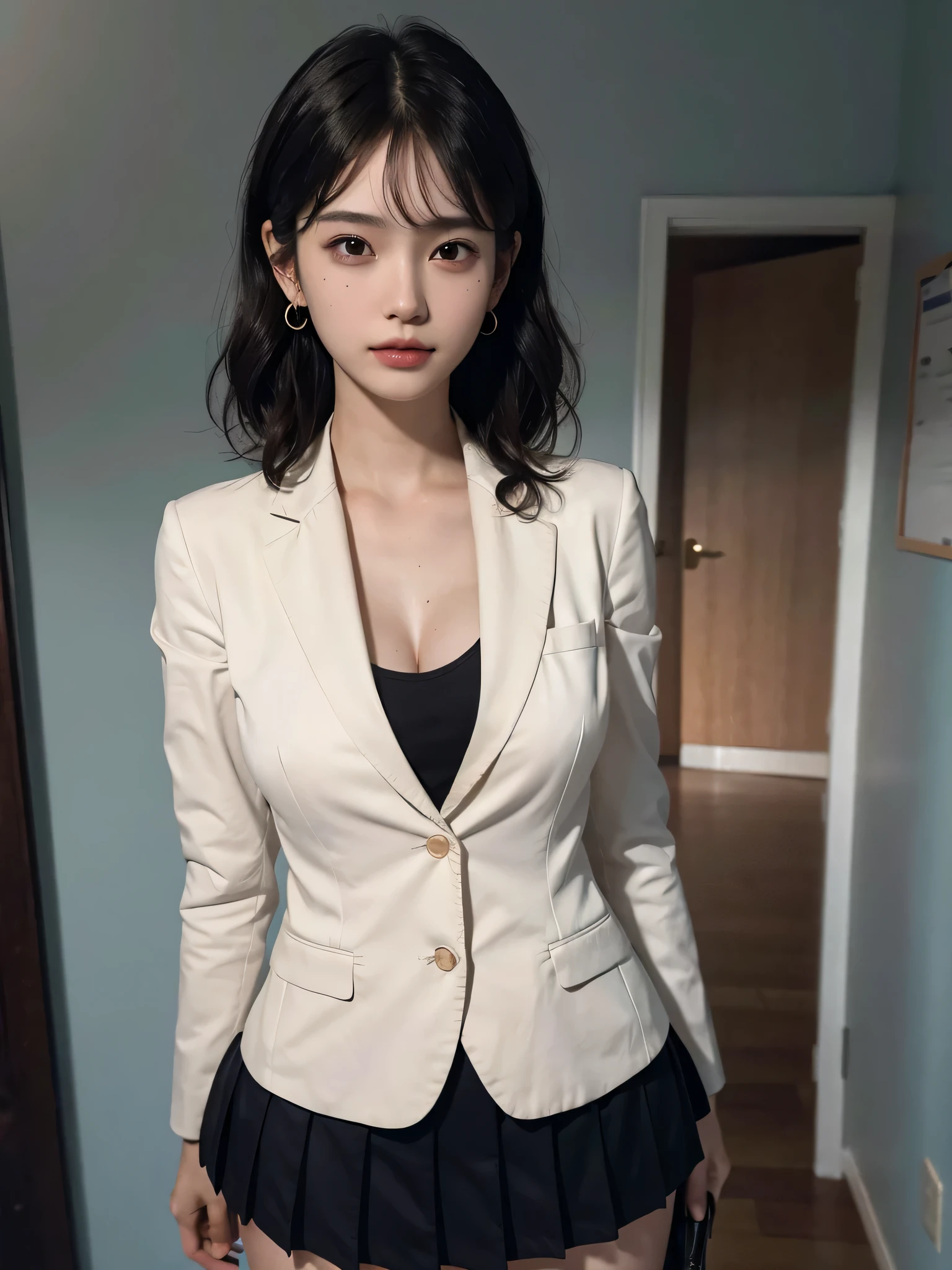 disorganized, RAW photo, very delicate and beautiful, masterpiece, highest quality, ultra high resolution, 32K, surreal, super detailed, perfect anatomy, perfect figure, super dense skin, Highly detailed CG 8k wallpaper, 20's, very slim body, tight waist, very small head, very small face, delicate facial features, tearful mole, earrings, thin legs, (very huge round breasts:1.2), full body shot, 1 girl, short hair, (wavy hair:1.2), (school uniform:1.2), (blazer:1.2), wet clothes,