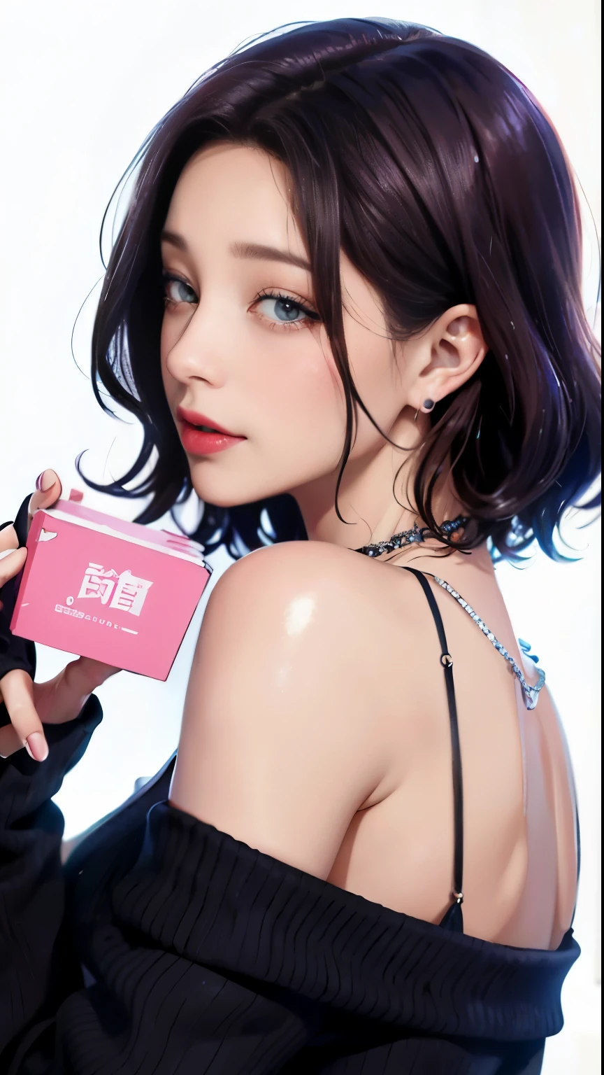 (highest quality),(1 Lady, alone, Upper body) Short Hair Blue Dark Hair Color, Off-shoulder long sweater、Clear double eyelids、Shoulder-length hair and compensate: nature, glowing skin, very big breasts, open your eyeature woman、(Sweat,vapor,Lower ),open your mouth、small necklace、big earrings、Wet and shiny pink lipstick、compensate、、Twitching、From ~ side, naked man ,,~ side ,~ side ,Youghal,