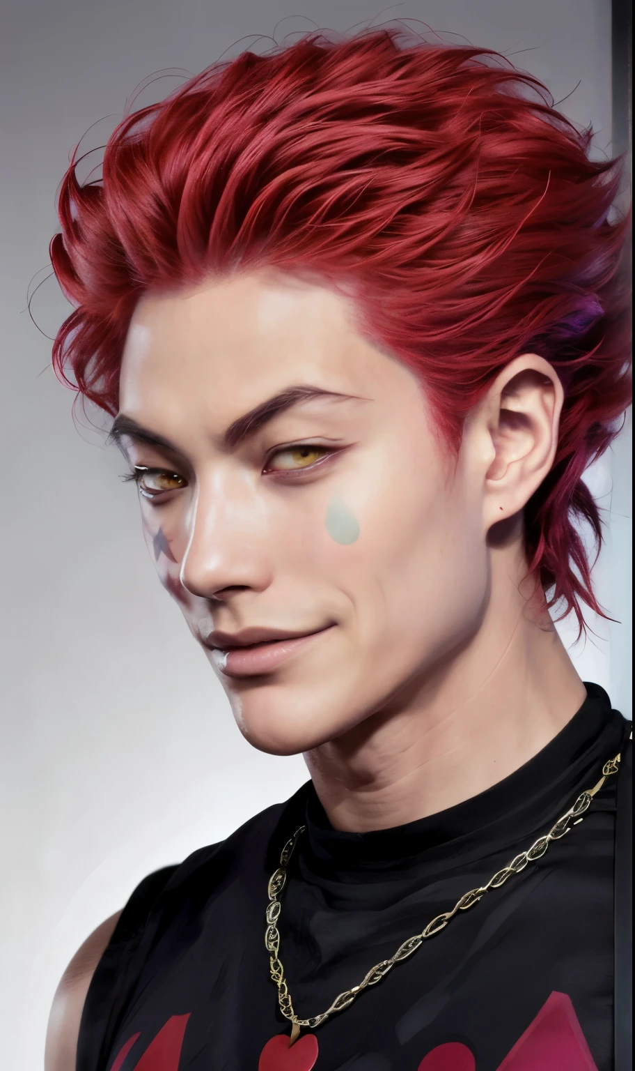 to base from this drawing, pink hair, shoulder length hair, pink hair, angled eyebrows, smirk, smile, smirking mouth, star on face, yellow eyes, sharp eyes, manly face, thin face, hisoka morrow, hisoka, magician, hunter x hunter, anime man, hisoka, man fron anime, looks exactly like hisoka, handsome man, asian man, handsome asian, front profile, is looking in front of him, looking straight into the camera, looking face to face