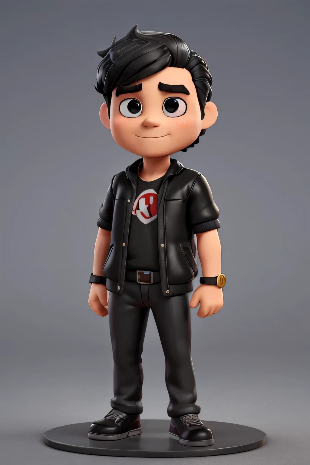 Por favor, crie um modelo 3D no estilo Funko que represente uma figura minha em vinil. Sou um homem de 40 anos com plena, cabelo preto liso, 172cm de altura, e 94kg. Eu tenho sobrancelhas grossas. Gosto de videogame e rock, e eu normalmente me visto de preto. O modelo deve ser dimensionado adequadamente para um Funko, with a large head in relation to the body.