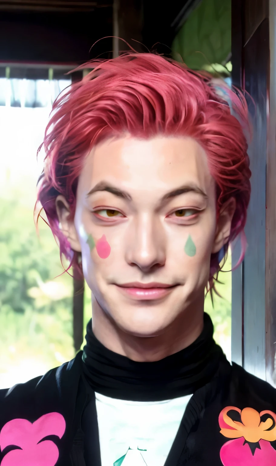 to base from this drawing, pink hair, shoulder length hair, pink hair, angled eyebrows, smirk, smile, smirking mouth, star on face, yellow eyes, sharp eyes, manly face, thin face, hisoka morrow, hisoka, magician, hunter x hunter, anime man, hisoka, man fron anime, looks exactly like hisoka, handsome man, asian man, handsome asian, sweat on his forehead, sweaty forehead