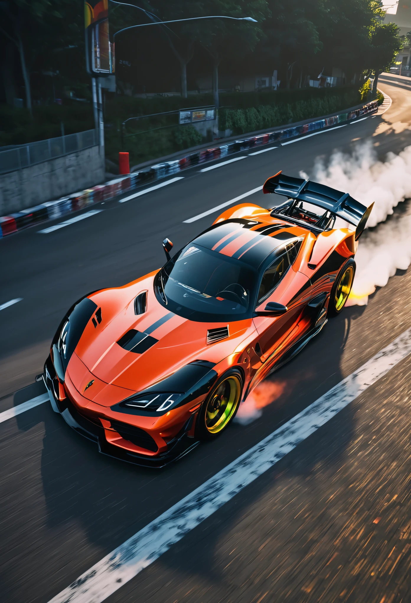 SunRising, visual_impact street_traffic_jam racing_full_shot spacious_road race_scene multi-racing, Masterpiece Cinematic_sunlight  ultra_Photo-realistic,  ultra_high-def UHD XT3 DSLR HDR, ultra-realistic angelic neon metallic black silver and gold chrome race car, best quality, ultra-detailed), Batmobile race car, street racing-inspired, Drifting, LED, ((Twin headlights)), (((Bright neon color racing stripes))), (Black racing wheels), Wheel spin showing motion, Show car in motion, Burnout, wide body, modified car, racing livery Lava